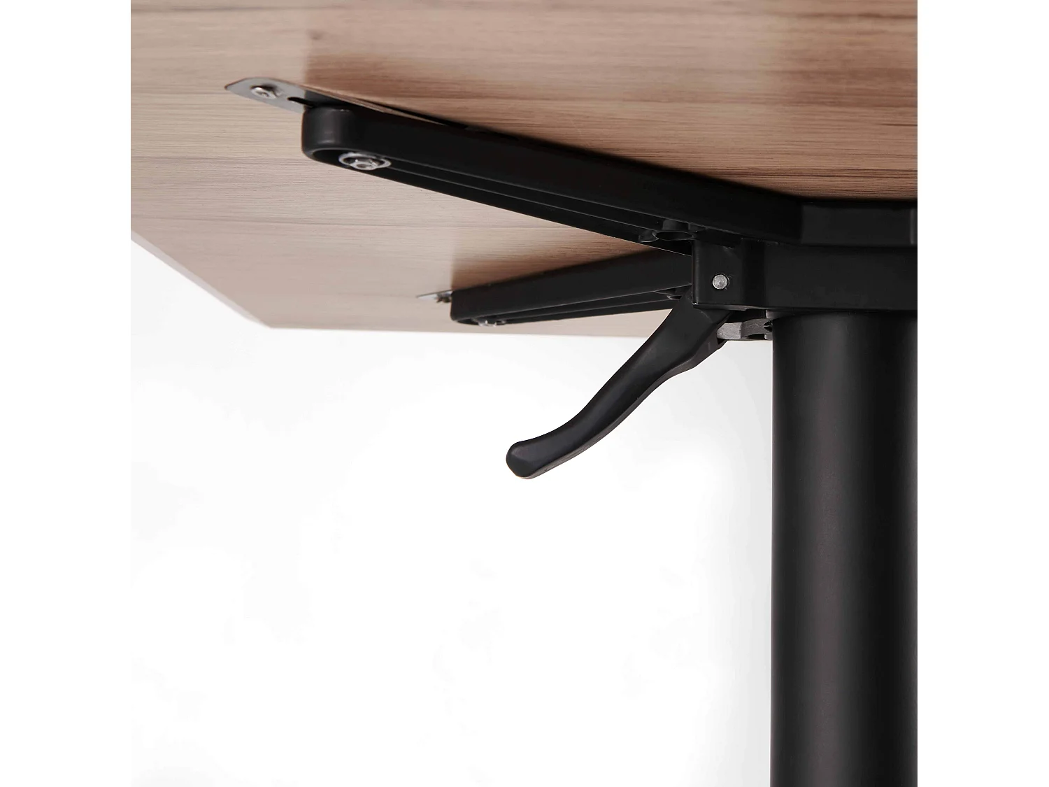 Set van een licht eiken gelamineerde tuinset en 4 grijze fauteuils