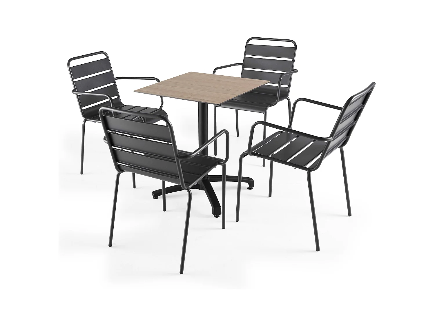 Ensemble table de terrasse stratifié chene clair et 4 fauteuils grises