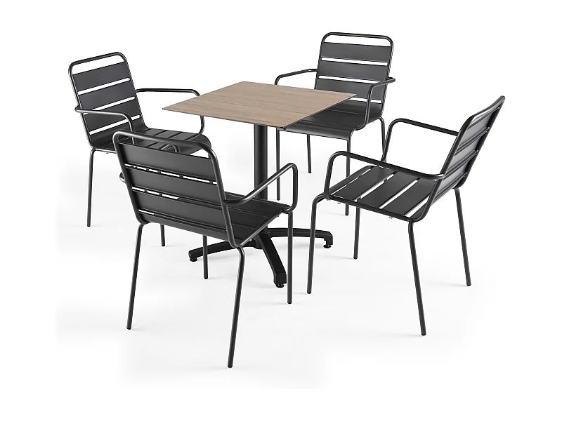 Ensemble table de terrasse stratifié chene clair et 4 fauteuils grises