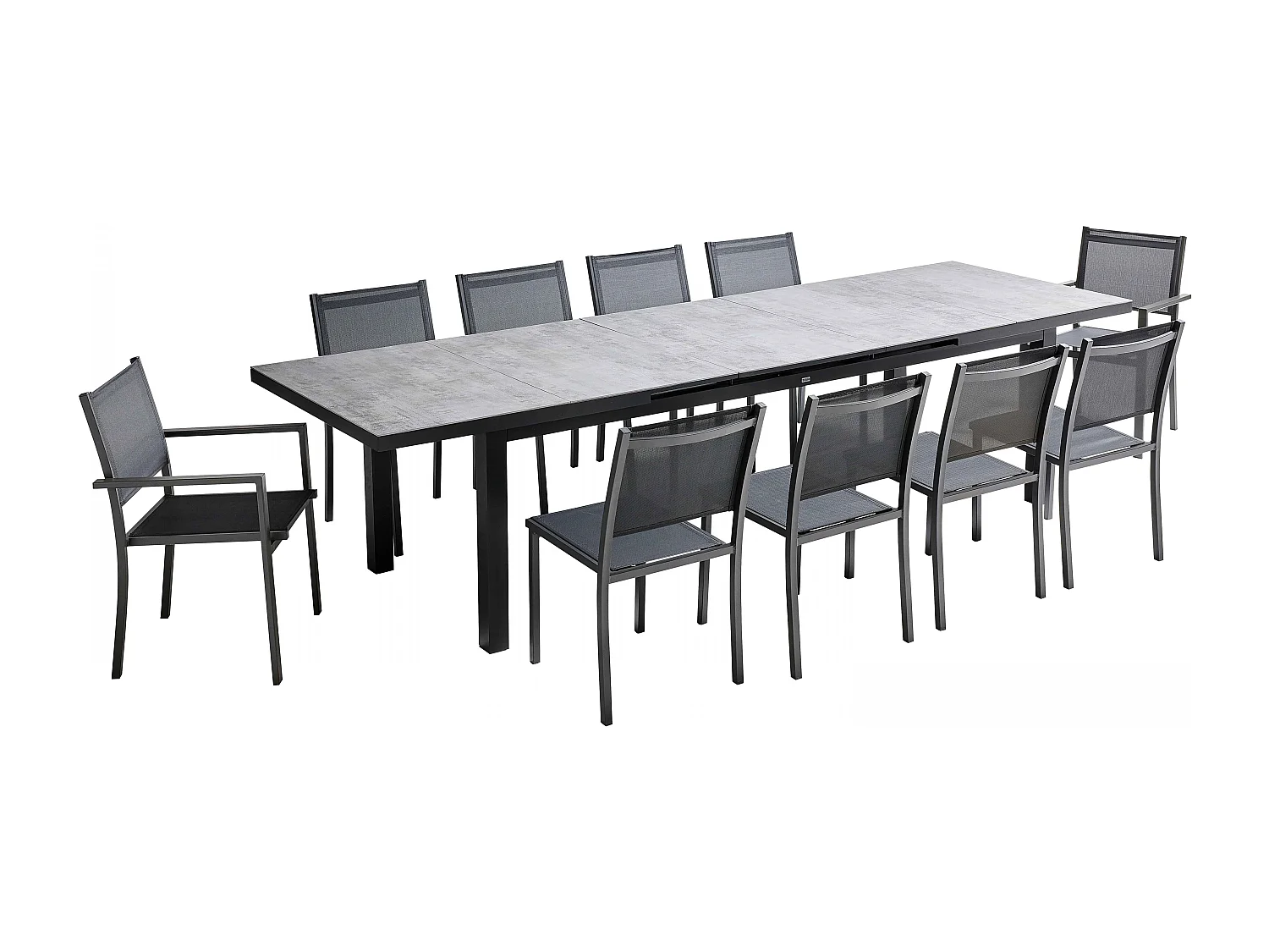 Ensemble table de jardin avec 8 chaises et 2 fauteuils béton