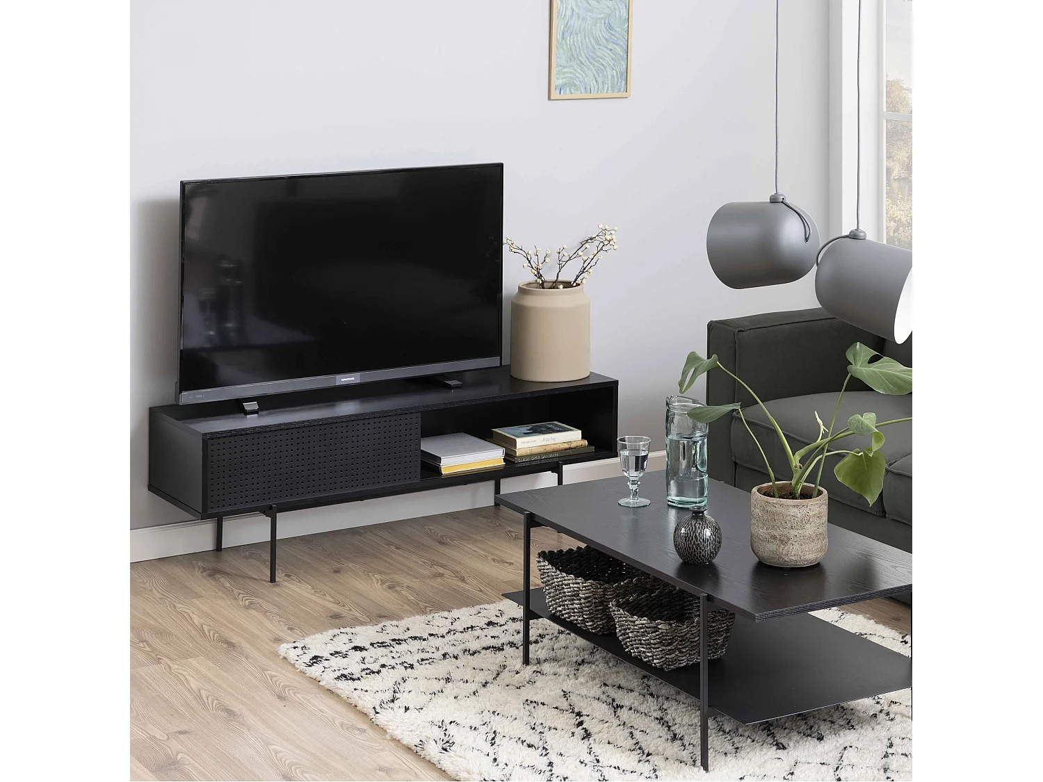 Meuble TV 140 cm style indus bois noir