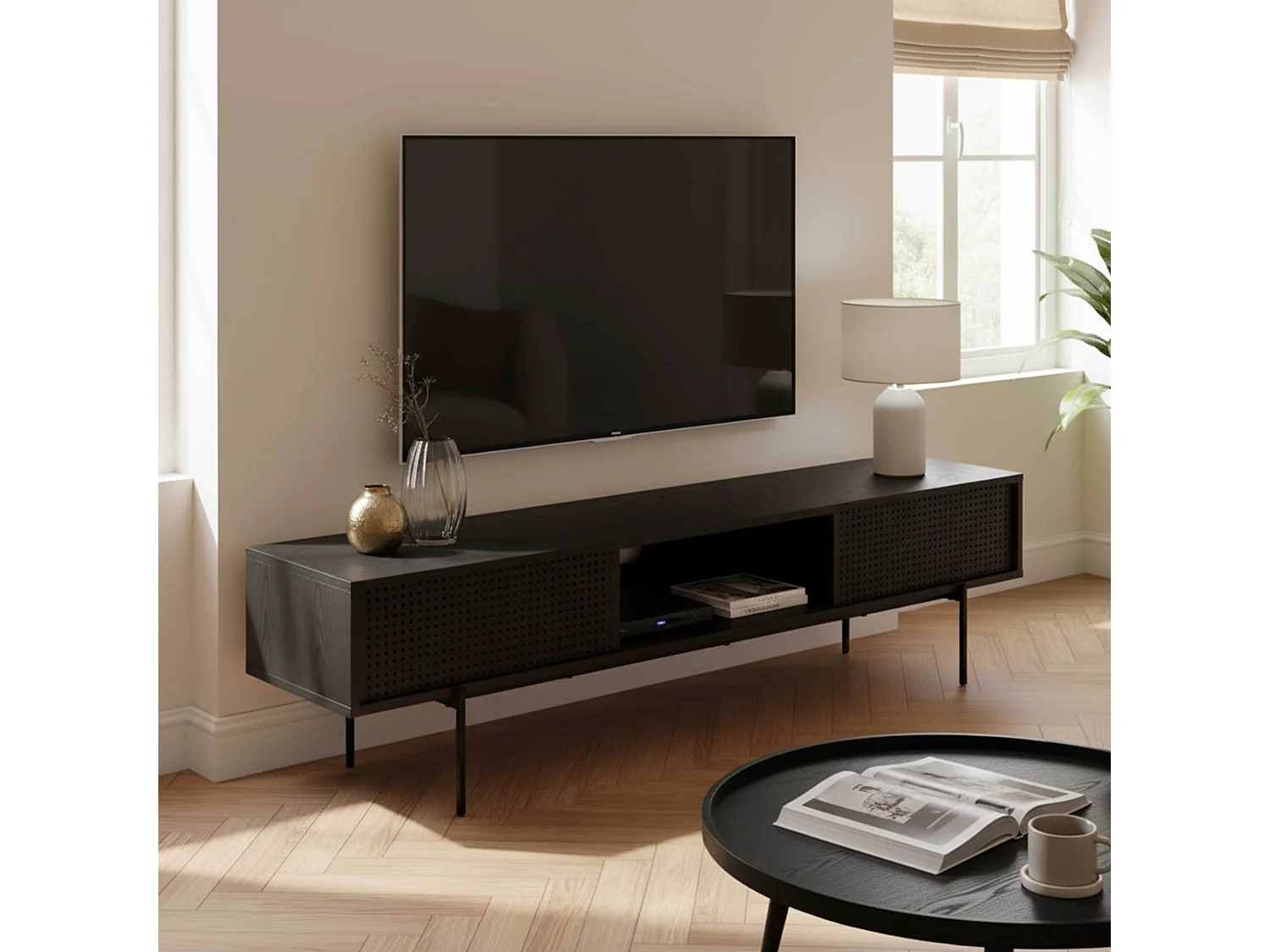 Meuble TV 180 cm style indus bois noir