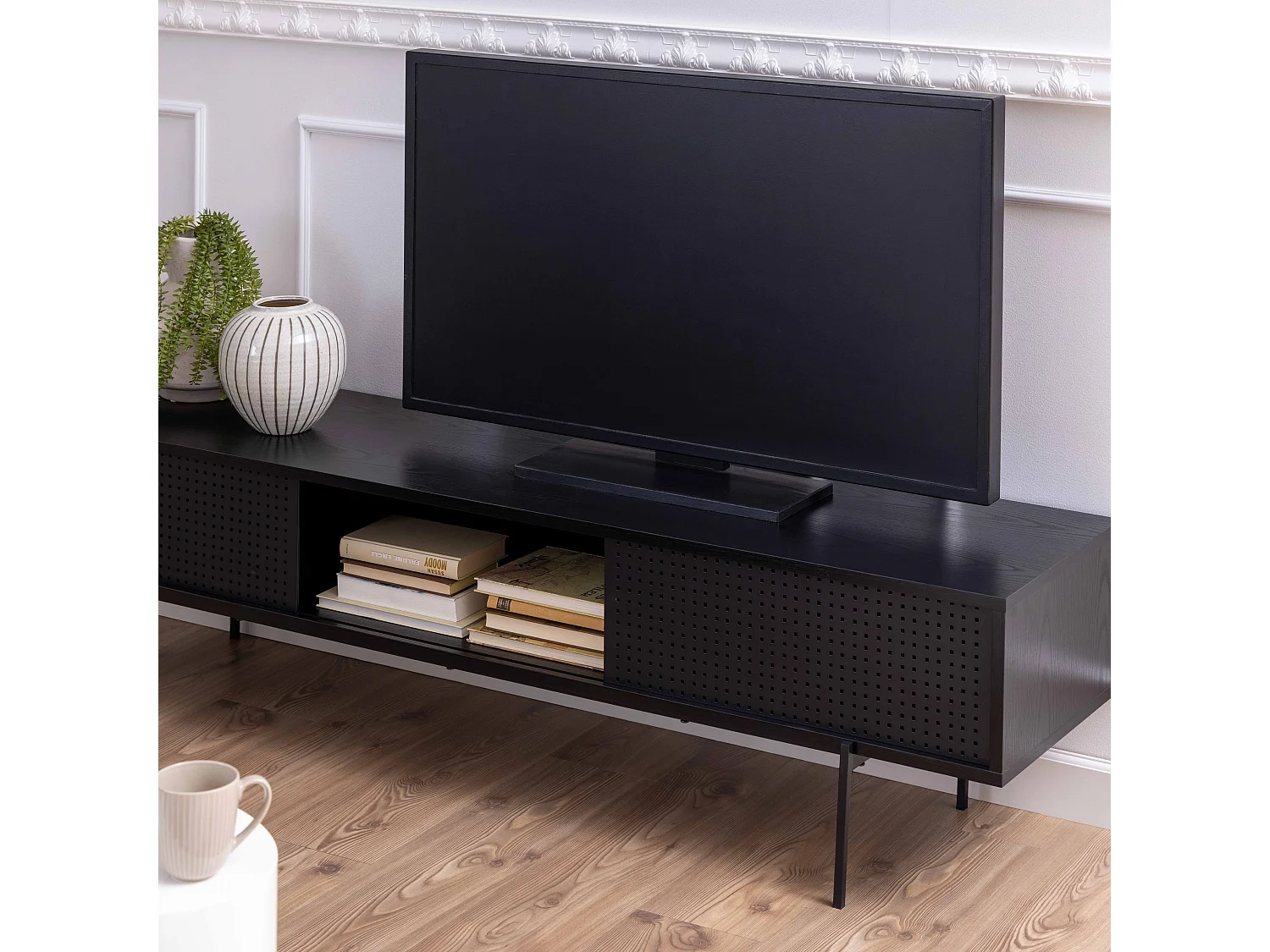 Meuble TV 180 cm style indus bois noir