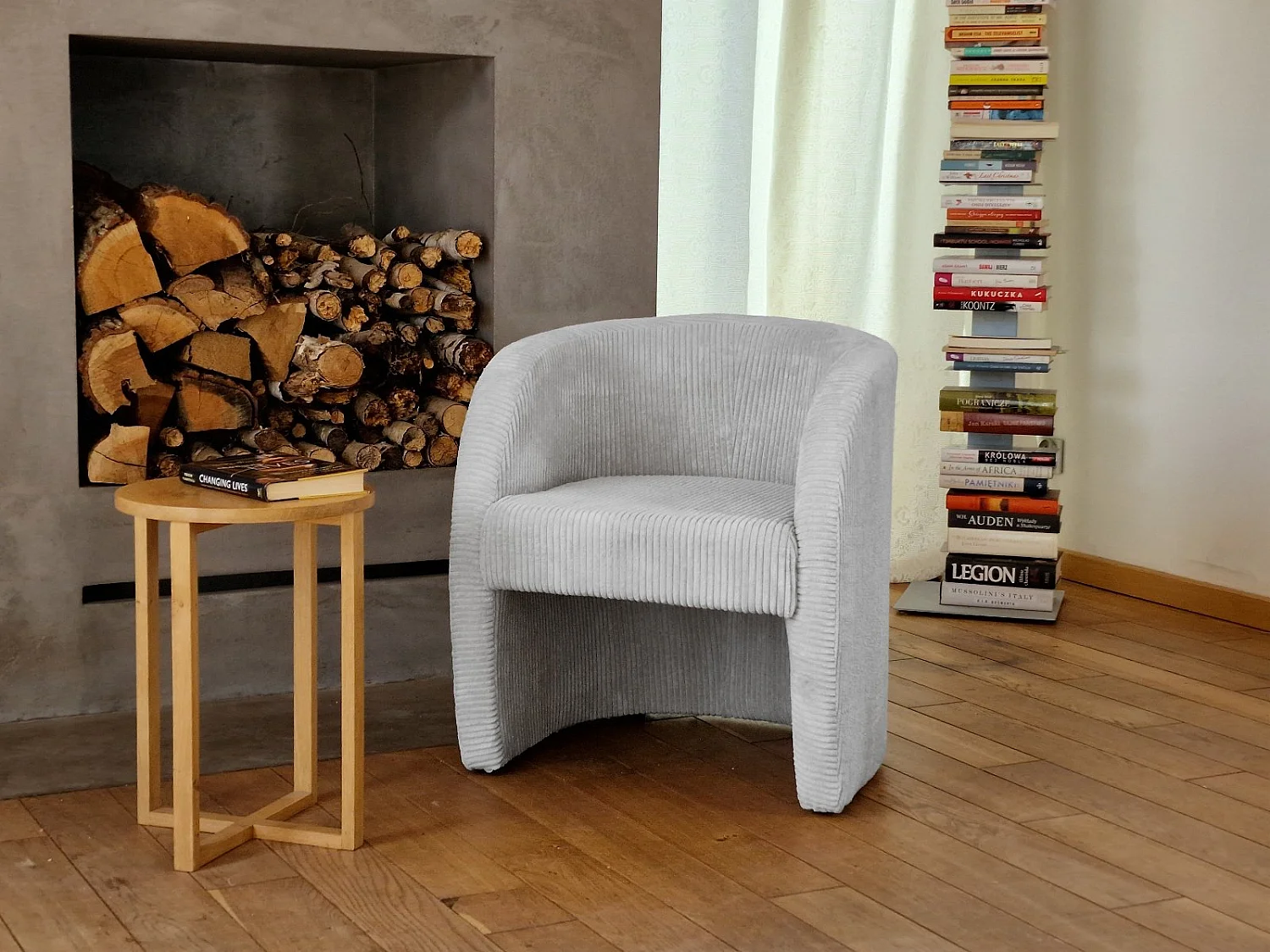 Fauteuil Velours Côtelé Eva Gris Clair