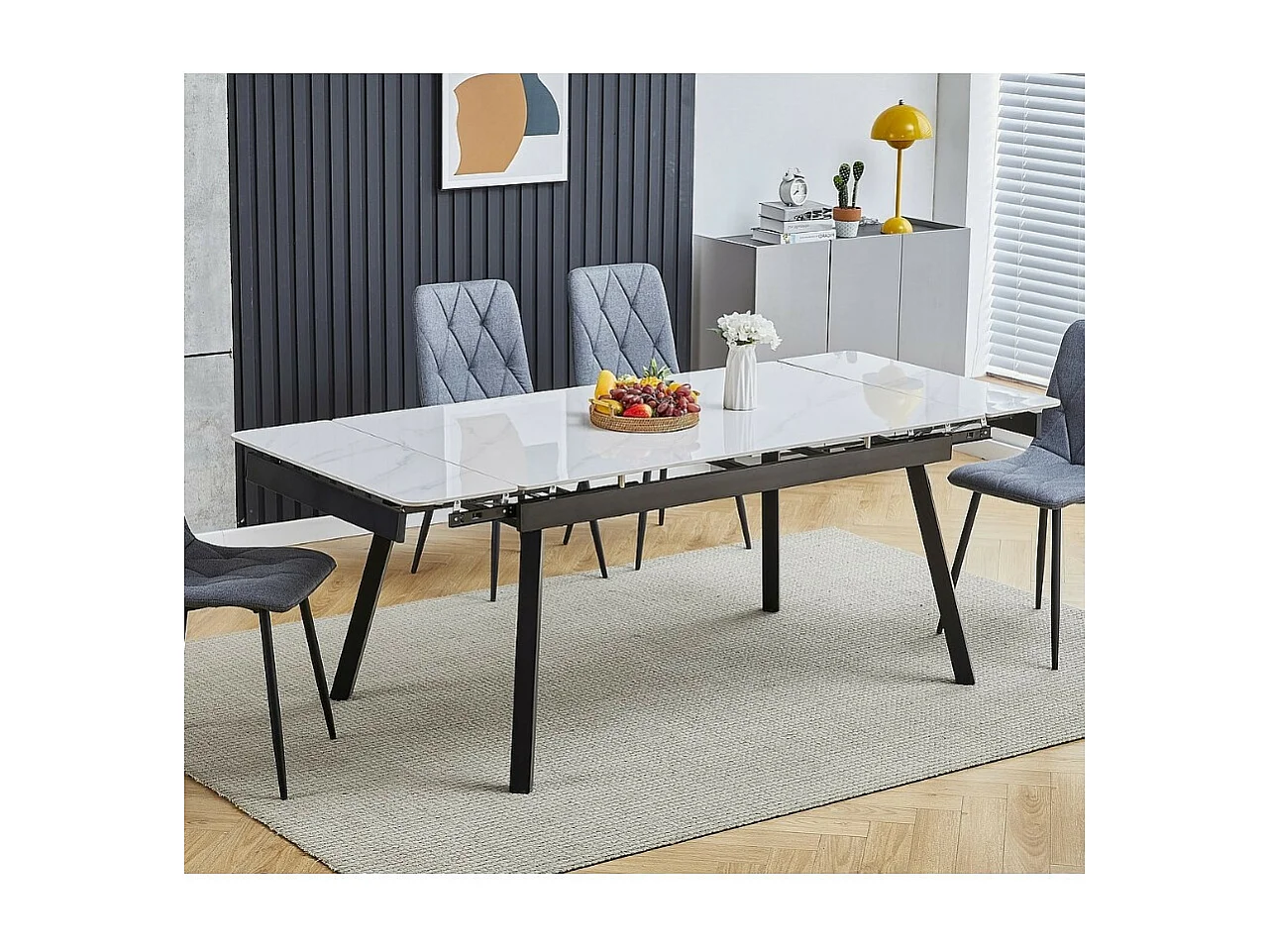 Table design extensible avec plateau effet marbre et structure noire Erick