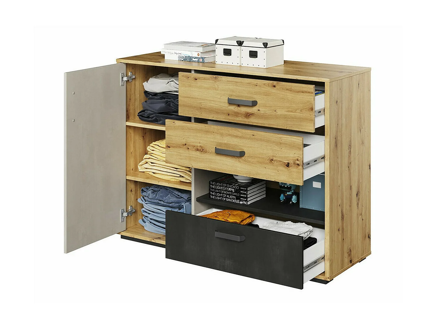 Commode Orlveno 106, Chêne Artisan|Gris|Noir, Avec tiroirs et portes, 90x120x42cm