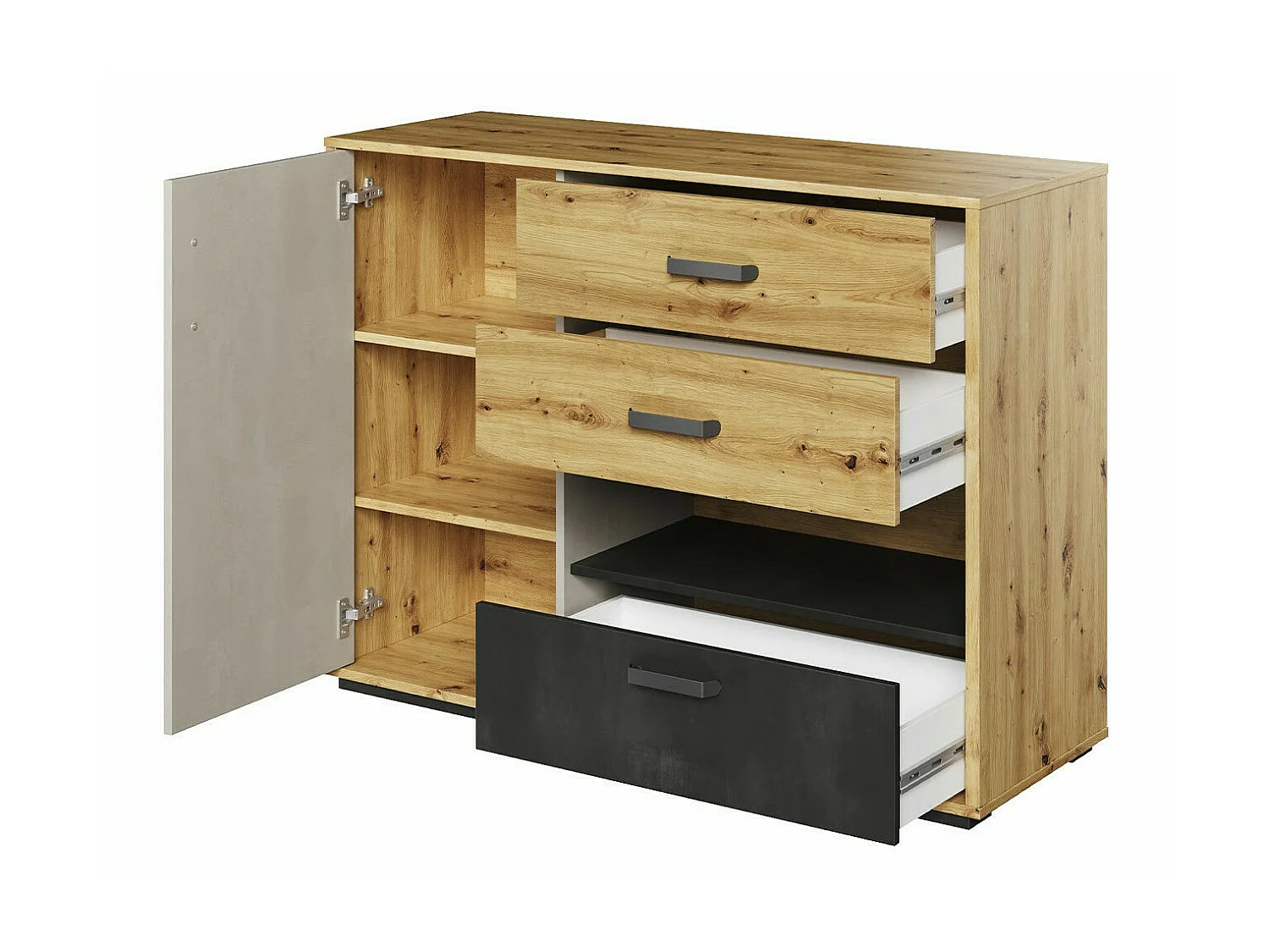 Commode Orlveno 106, Noir|Chêne Artisan|Gris, Tiroirs et portes, Nombre de tiroirs: 3,