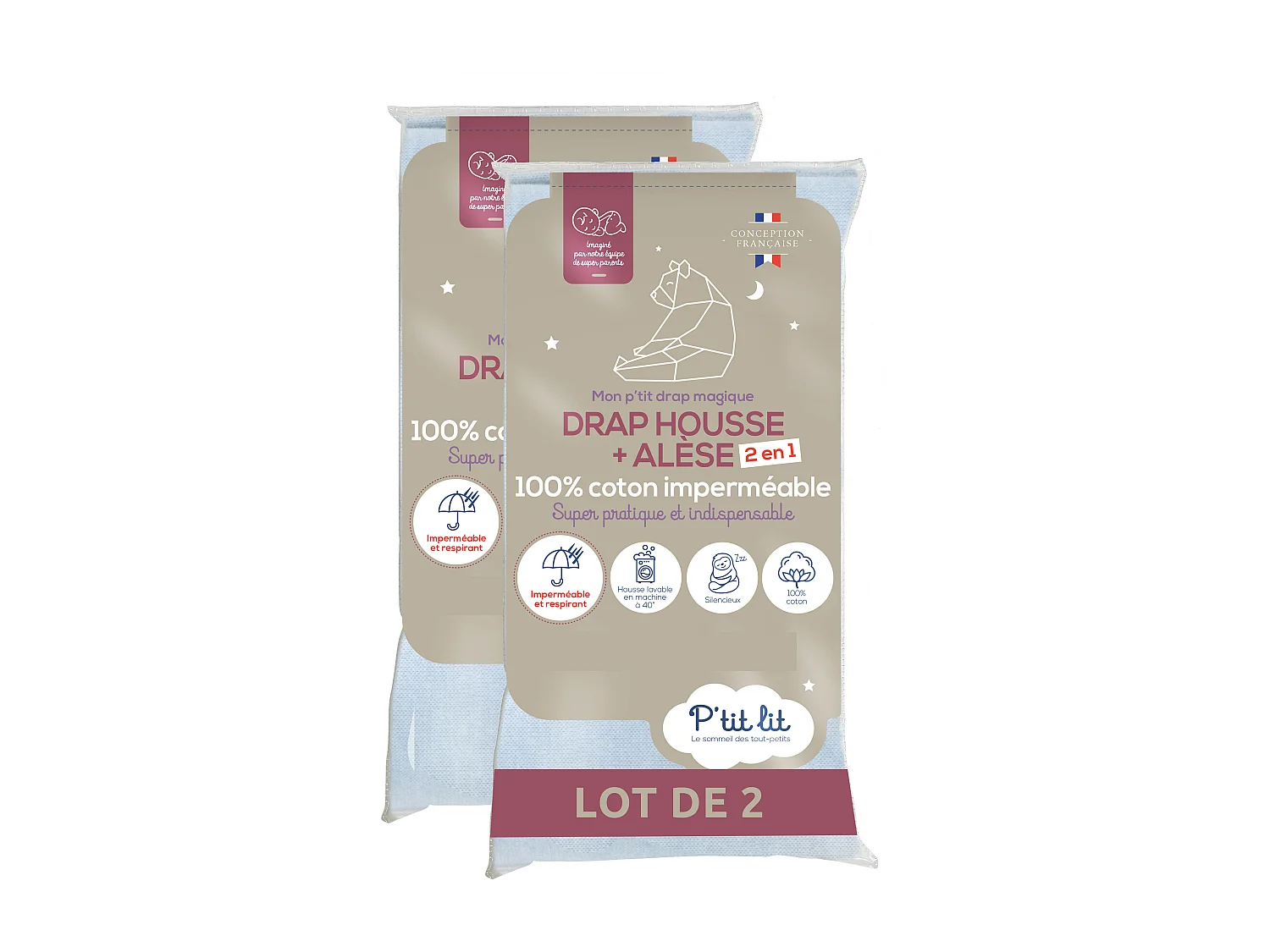 Lot de 2 - Protège Matelas Bébé 2 en 1 | Alèse + Drap Housse 60x120 cm | 100% Coton - Imperméable - Gris