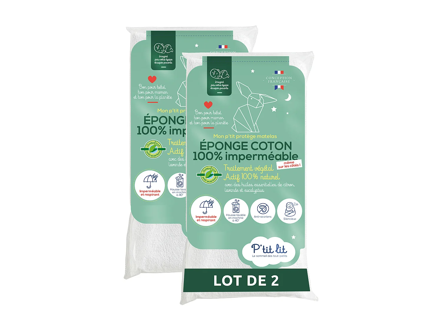 Lot de 2 - Protège Matelas Bébé Éponge 100% Coton 70x140 cm | Greenfirst® : Anti- Acariens | Alèse Imperméable