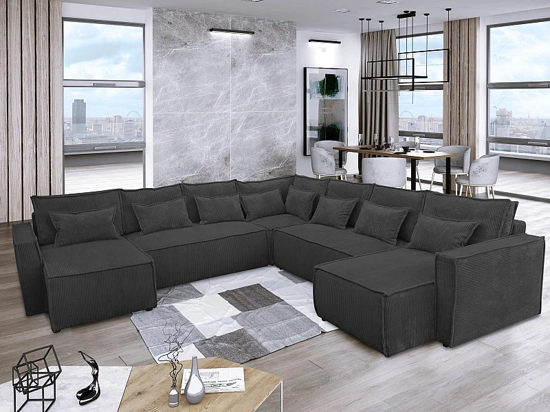 Canapé en Velours Côtelé Eva Panoramique convertible en lit avec coffre de rangement Gris Anthracite