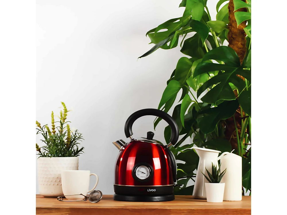Bouilloire rétro rouge avec thermomètre 1800W