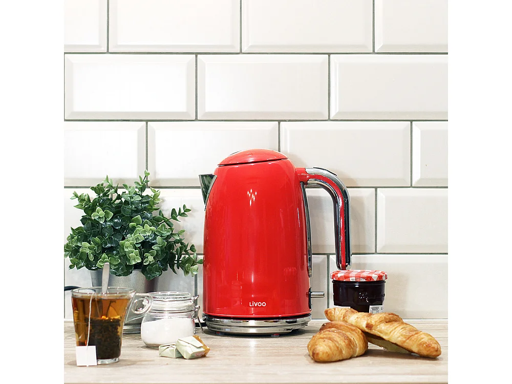 Bollitore elettrico retrò rosso 1,7L in acciaio inox senza filo 2200W con filtro anticalcare e spegnimento automatico