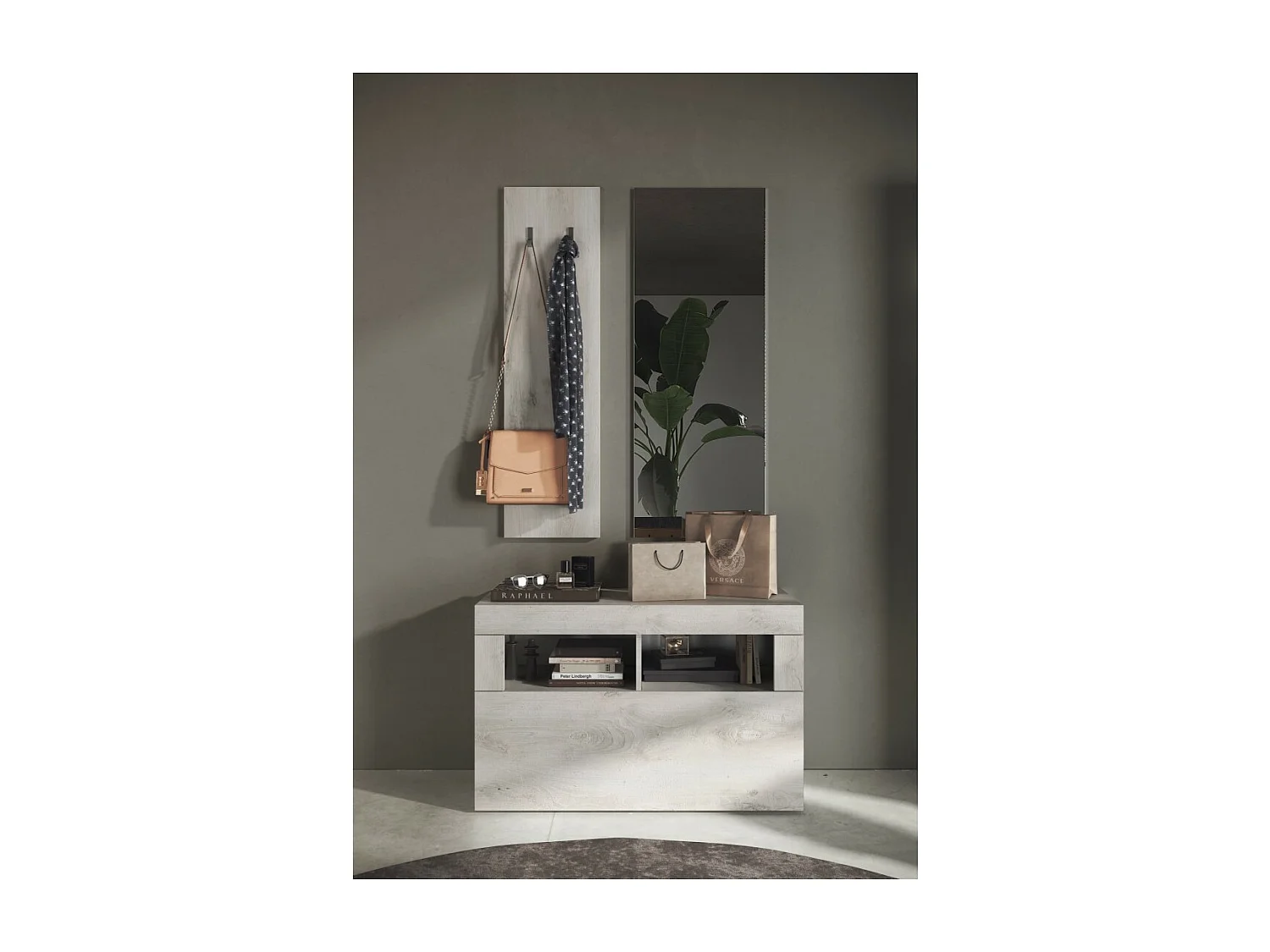 Ensemble de meubles d'entrée, collection ISORA, coloris chêne blanc