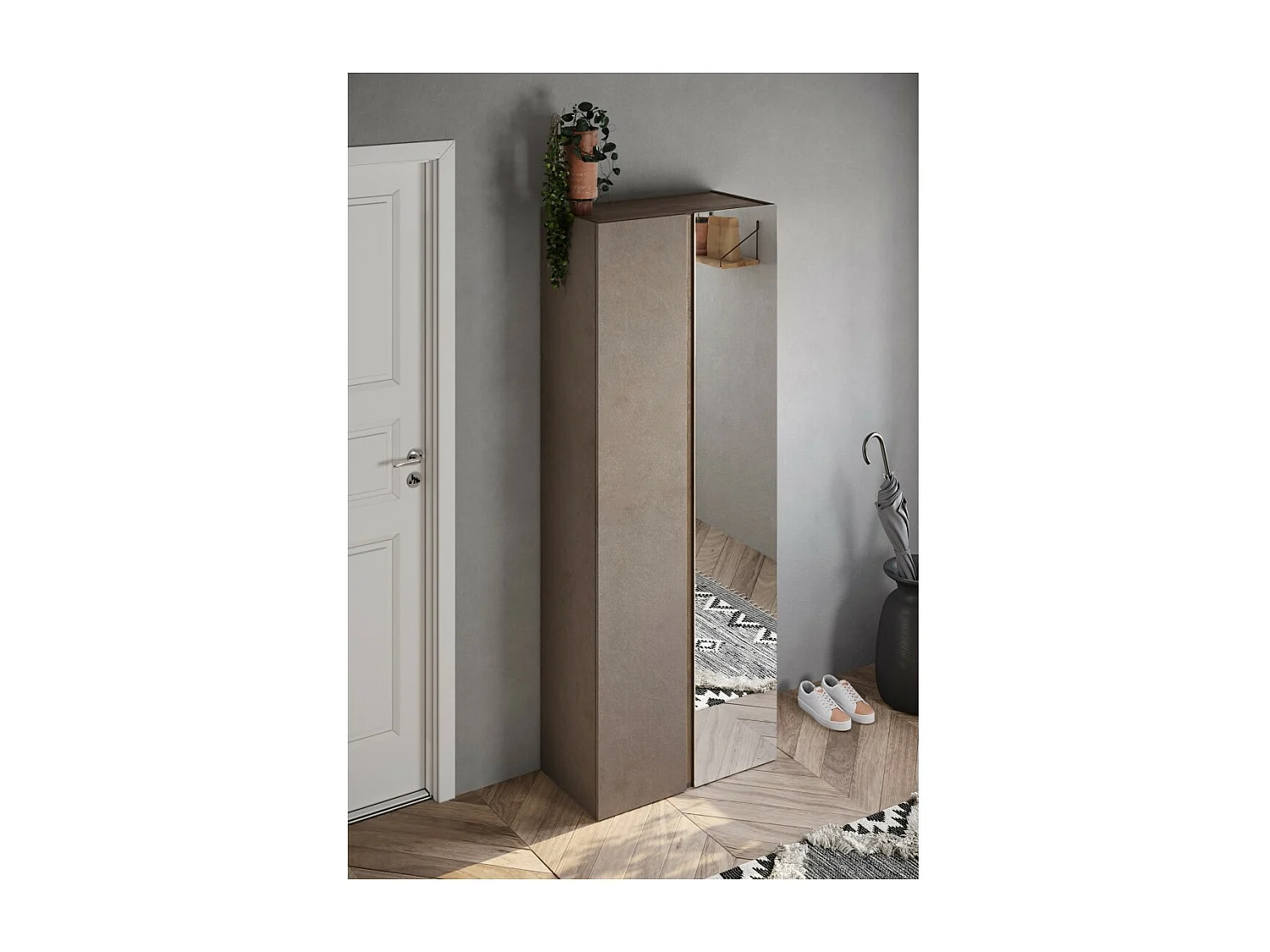 Armoire de rangement 2 portes 1 miroir avec 8 étagères réglables, collection KEY, coloris marron et chêne
