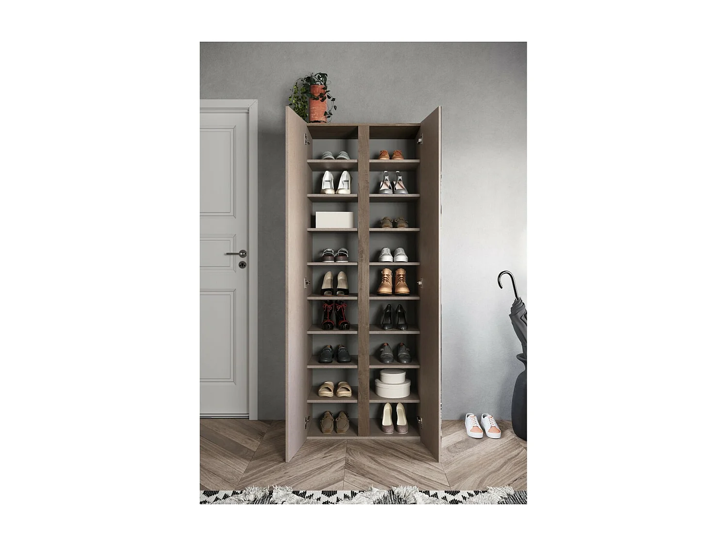 Armoire de rangement 2 portes 1 miroir avec 8 étagères réglables, collection KEY, coloris marron et chêne
