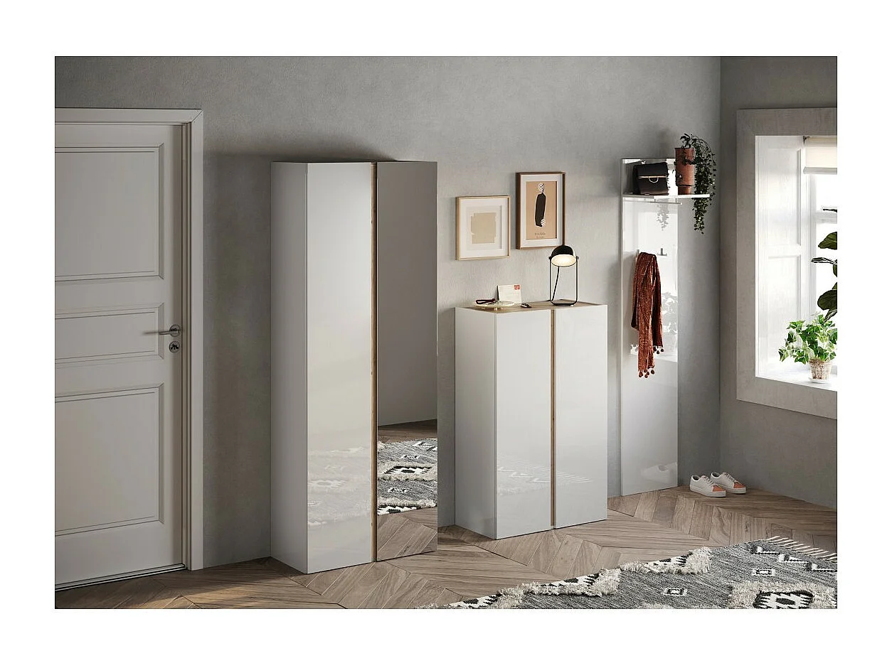 Mueble de almacenamiento de 2 puertas con 5 estantes ajustables, colección KEY, en color blanco lacado brillante y roble cadiz.
