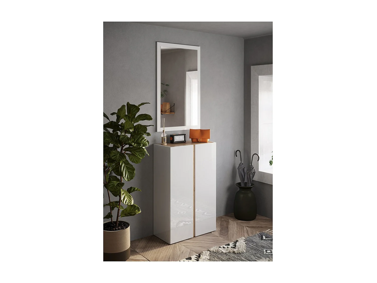 Meuble de rangement 2 portes 5 étagères réglables, collection KEY, coloris blanc laqué brillant et chêne cadiz