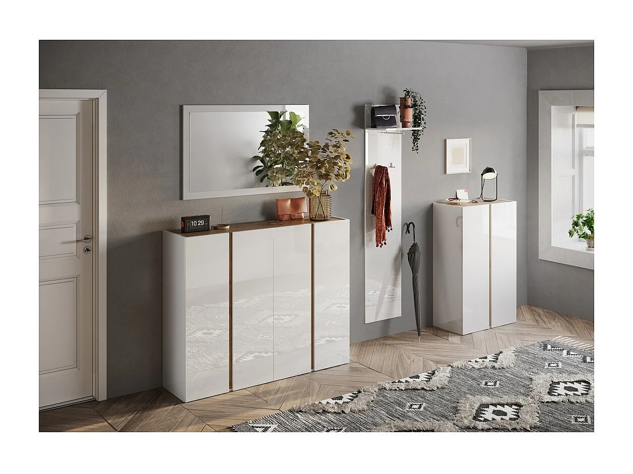 Meuble de rangement 2 portes 5 étagères réglables, collection KEY, coloris blanc laqué brillant et chêne cadiz