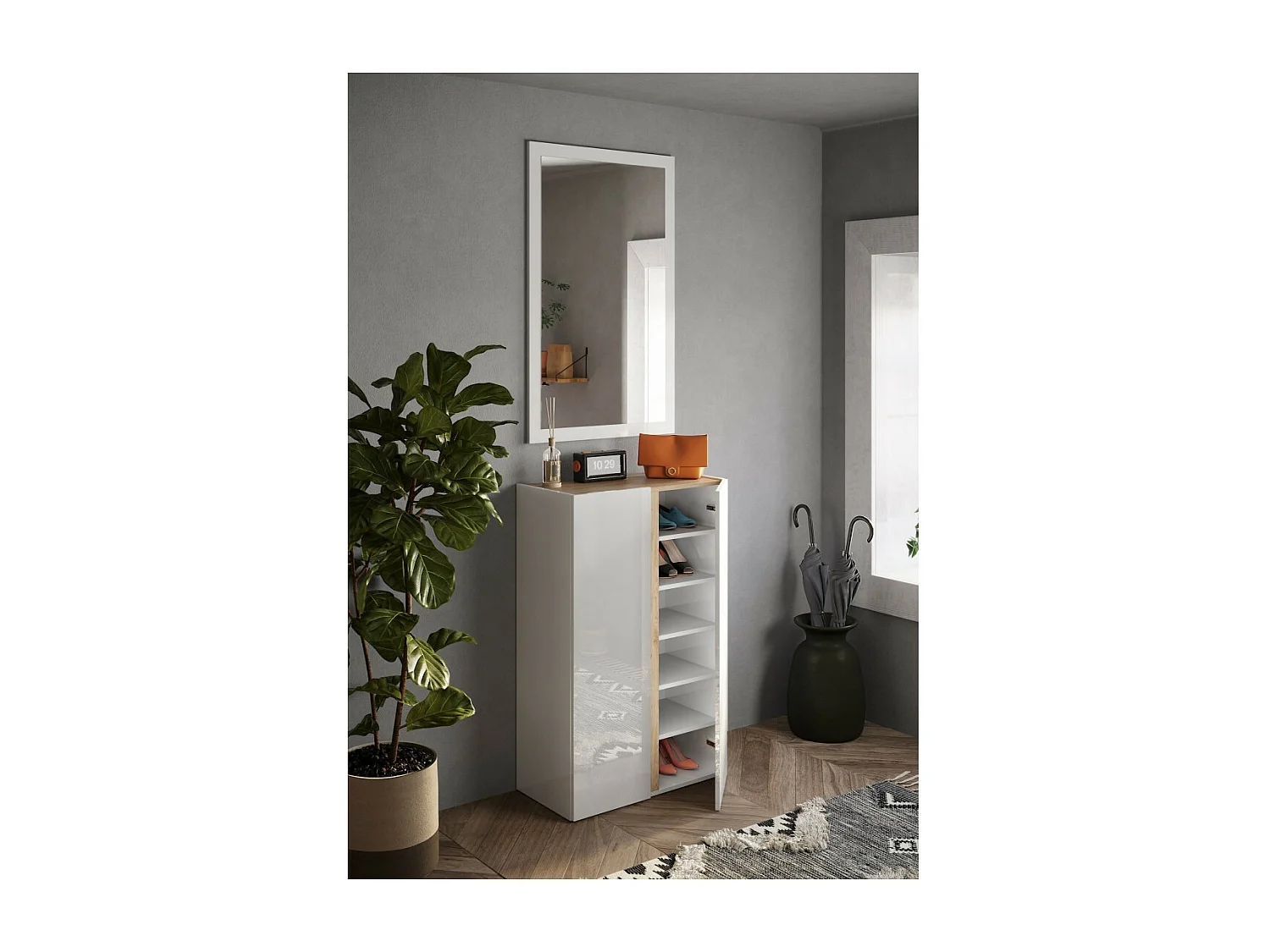 Meuble de rangement 2 portes 5 étagères réglables, collection KEY, coloris blanc laqué brillant et chêne cadiz