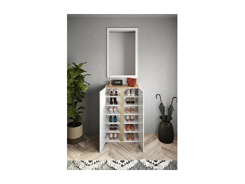 Meuble de rangement 2 portes 5 étagères réglables, collection KEY, coloris blanc laqué brillant et chêne cadiz