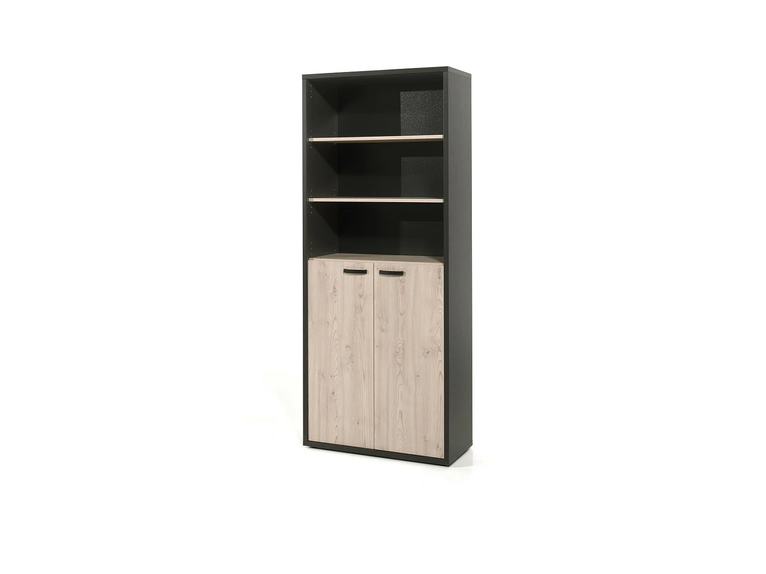 Bibliothèque de bureau DEPÉ – 2 portes et étagères – Chêne clair et Noir – L90 x H216 x P40 cm