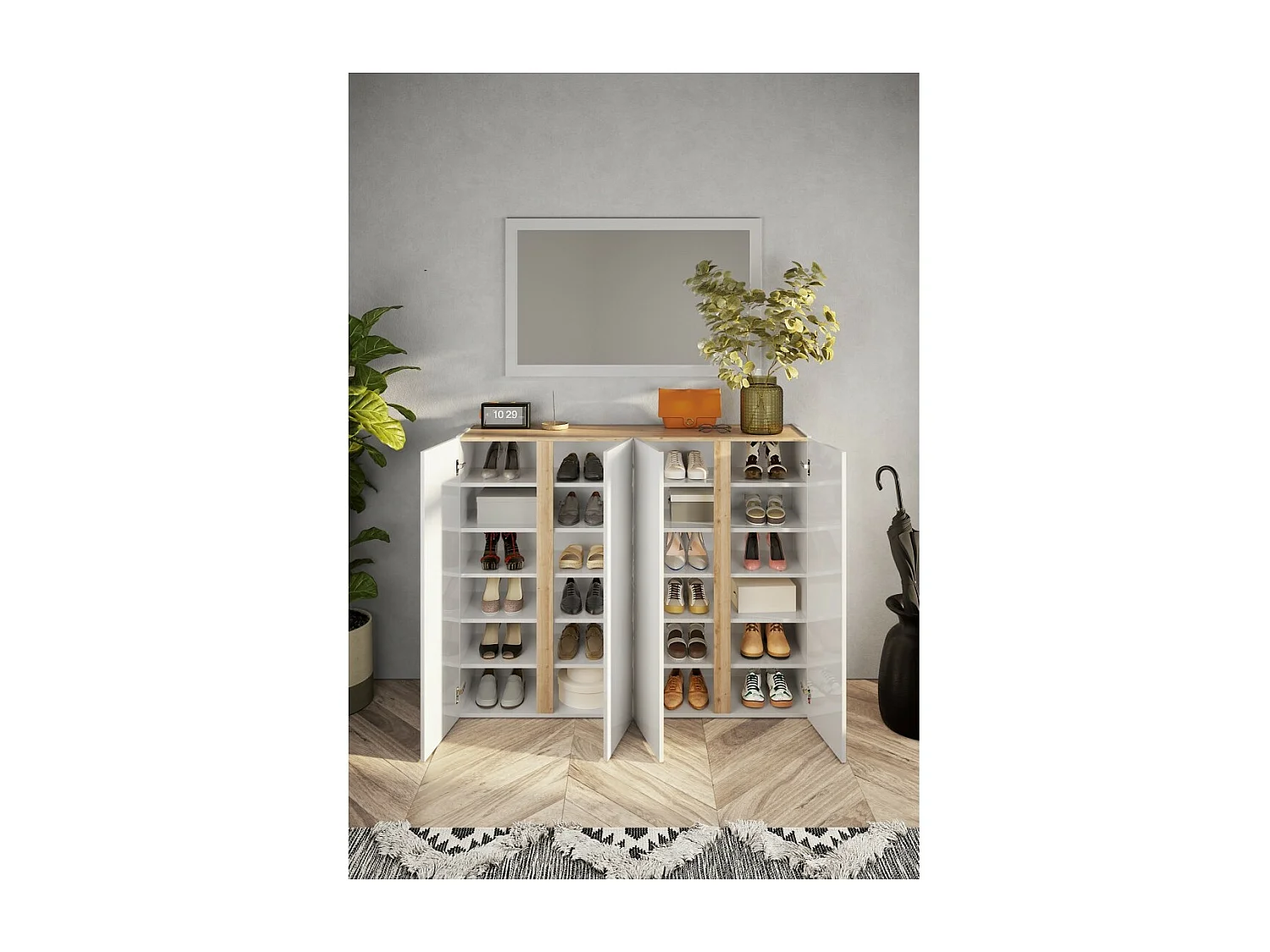 Meuble de rangement 4 portes 10 étagères réglables, collection KEY, coloris blanc laqué brillant et chêne cadiz