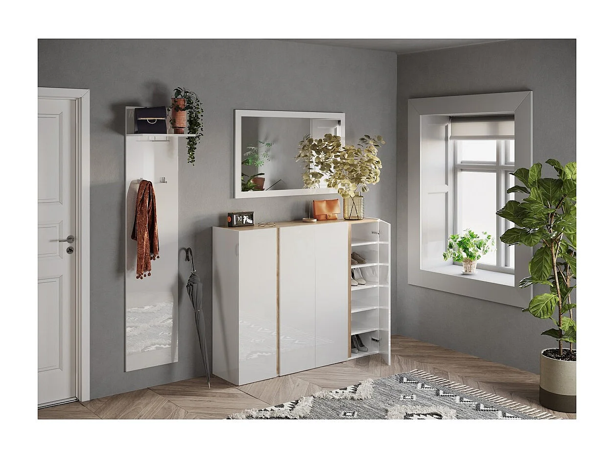 Meuble de rangement 4 portes 10 étagères réglables, collection KEY, coloris blanc laqué brillant et chêne cadiz