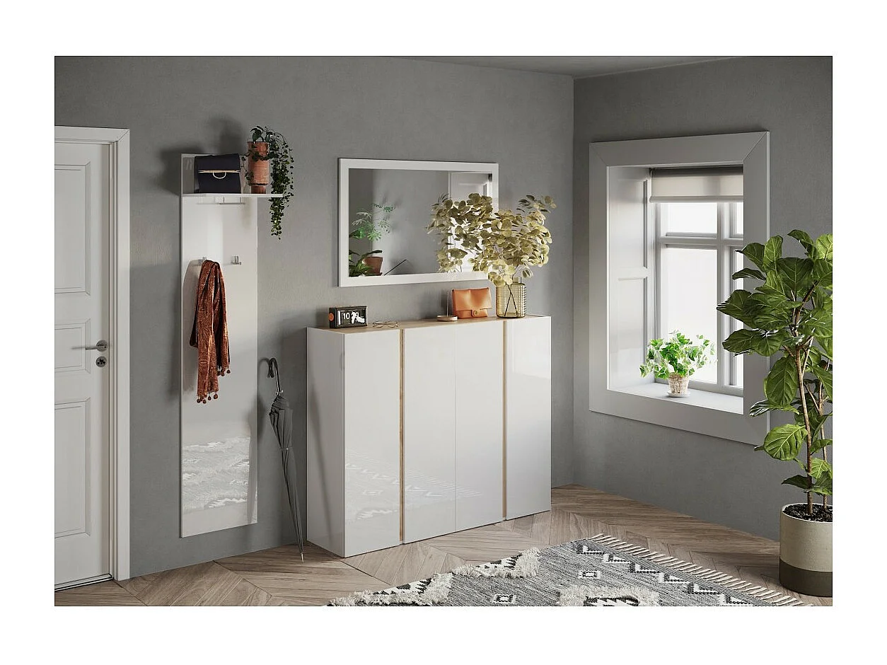 Meuble de rangement 4 portes 10 étagères réglables, collection KEY, coloris blanc laqué brillant et chêne cadiz