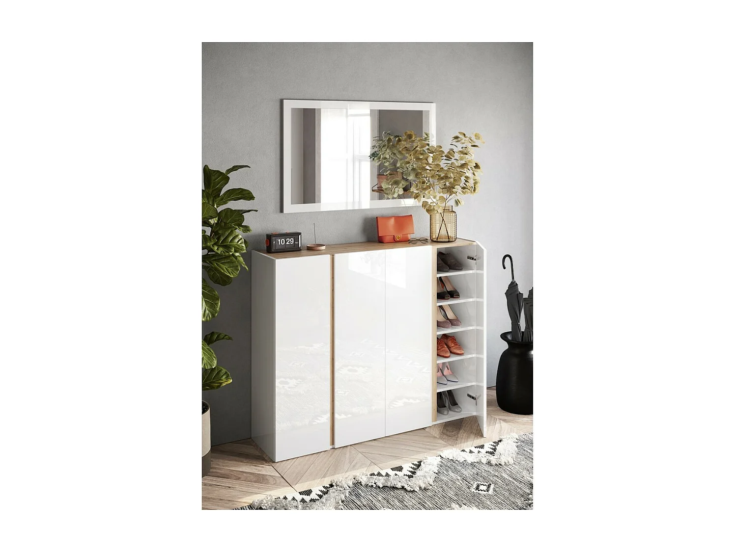 Meuble de rangement 4 portes 10 étagères réglables, collection KEY, coloris blanc laqué brillant et chêne cadiz