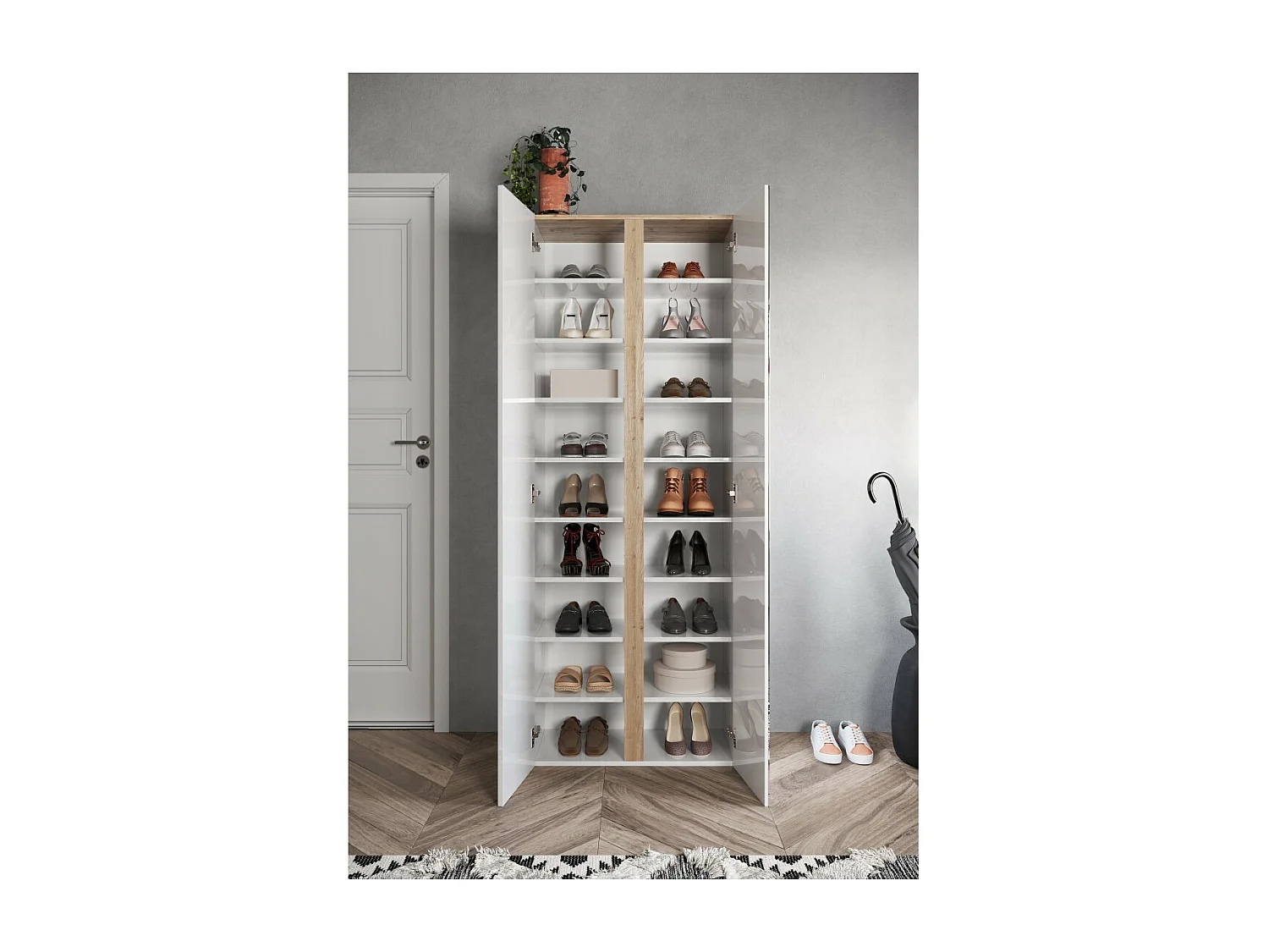 Meuble à chaussures avec 8 étagères réglables, collection KEY, coloris blanc brillant laqué et chêne cadiz