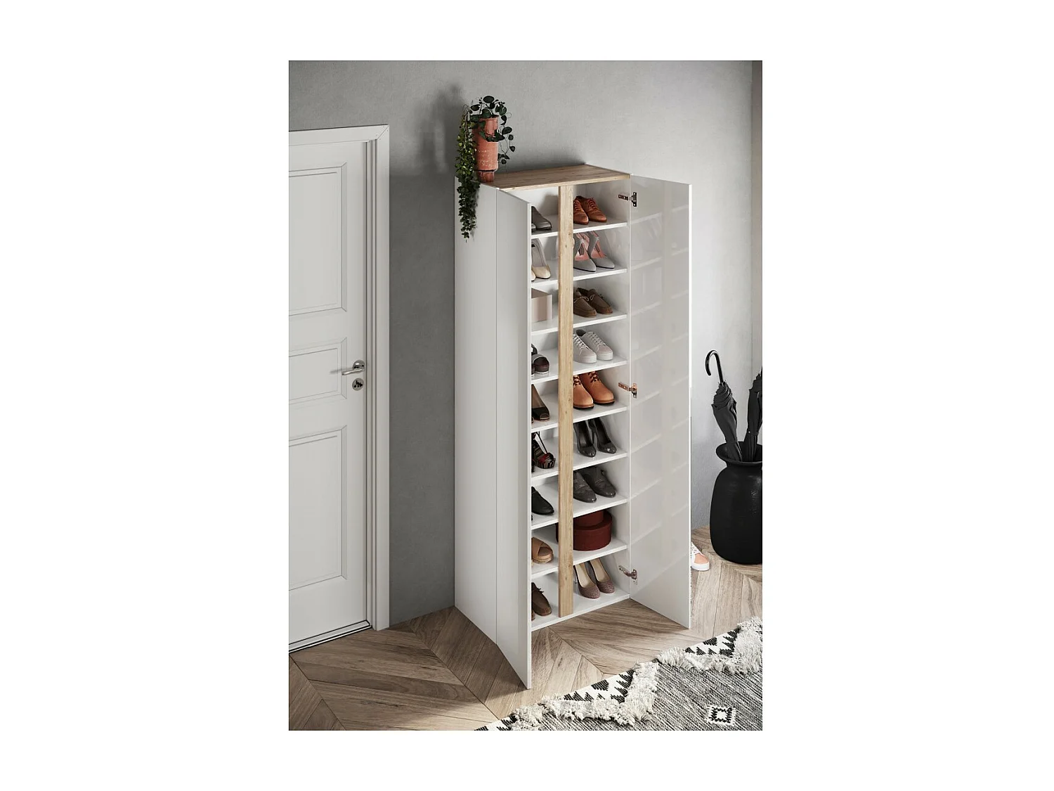 Meuble à chaussures avec 8 étagères réglables, collection KEY, coloris blanc brillant laqué et chêne cadiz