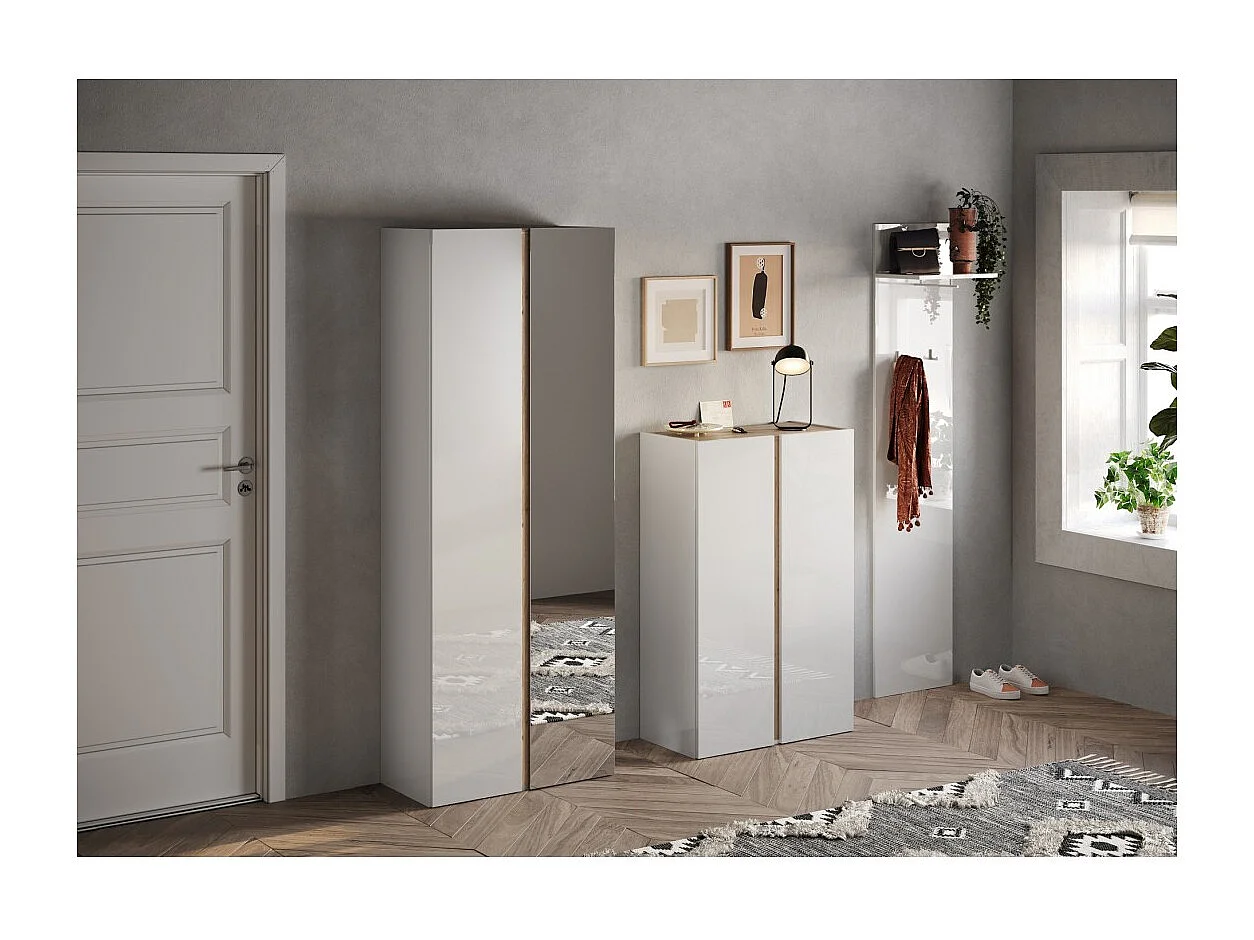 Meuble à chaussures avec 8 étagères réglables, collection KEY, coloris blanc brillant laqué et chêne cadiz