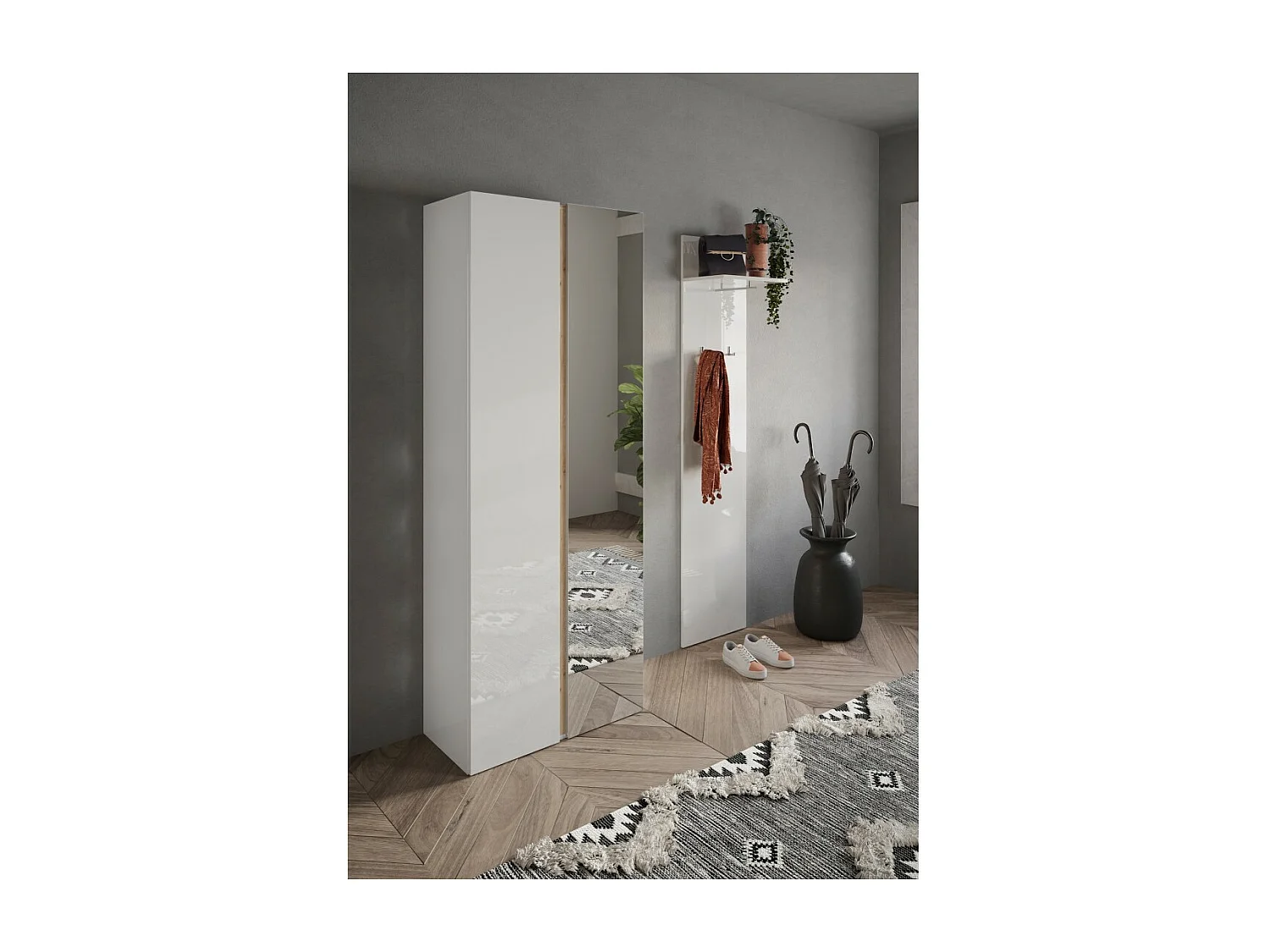 Meuble à chaussures avec 8 étagères réglables, collection KEY, coloris blanc brillant laqué et chêne cadiz