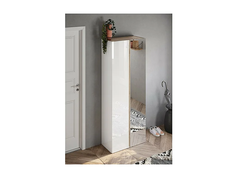 Meuble à chaussures avec 8 étagères réglables, collection KEY, coloris blanc brillant laqué et chêne cadiz