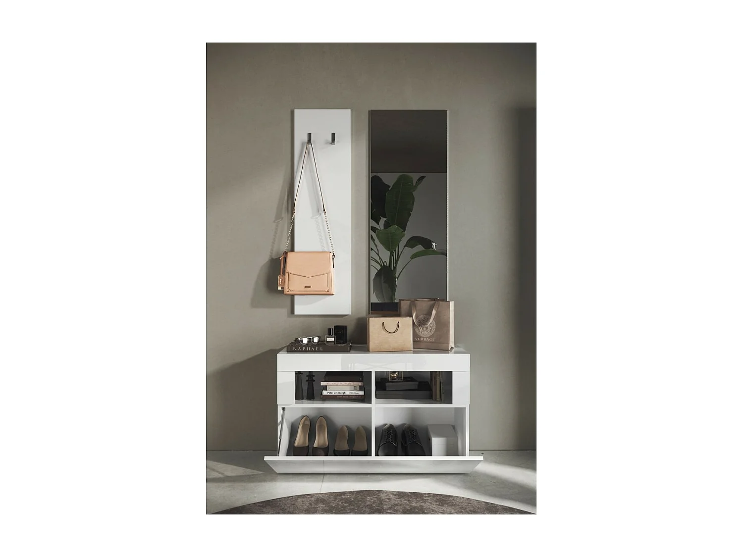 Ensemble de meubles d'entrée, collection ISORA, coloris blanc brillant laqué