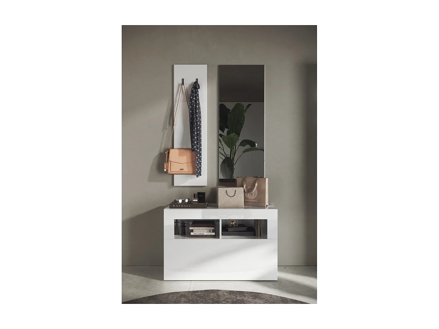 Ensemble de meubles d'entrée, collection ISORA, coloris blanc brillant laqué