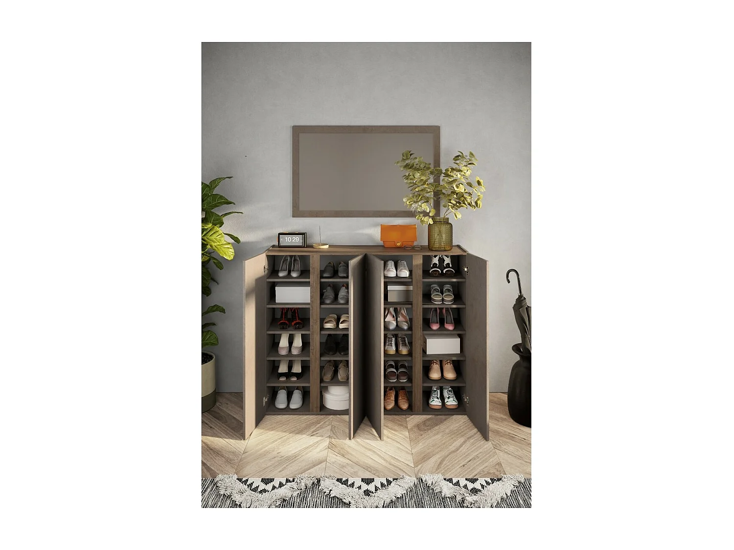 Meuble de rangement 4 portes 10 étagères réglables, collection KEY, coloris marron et chêne