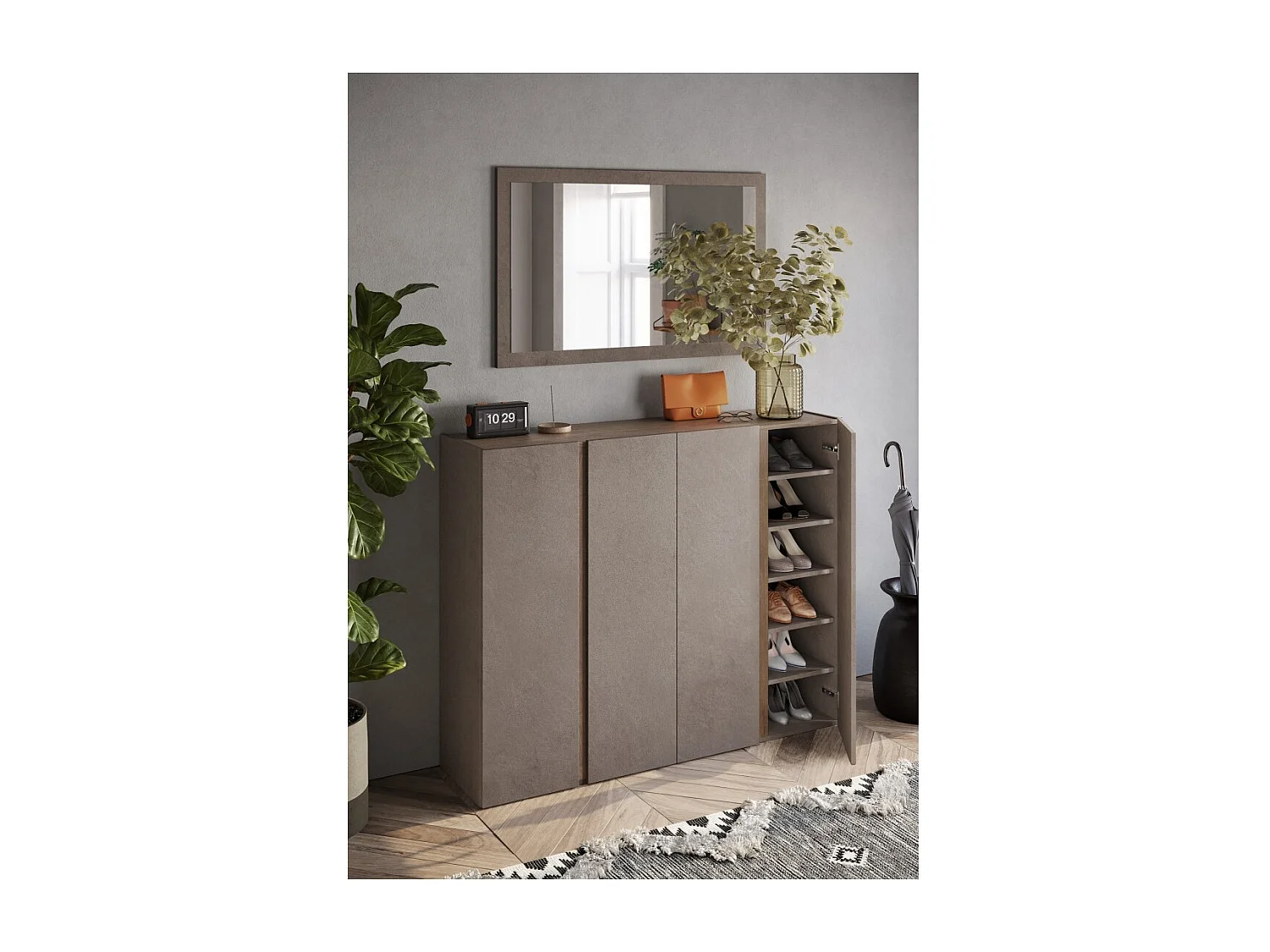 Meuble de rangement 4 portes 10 étagères réglables, collection KEY, coloris marron et chêne