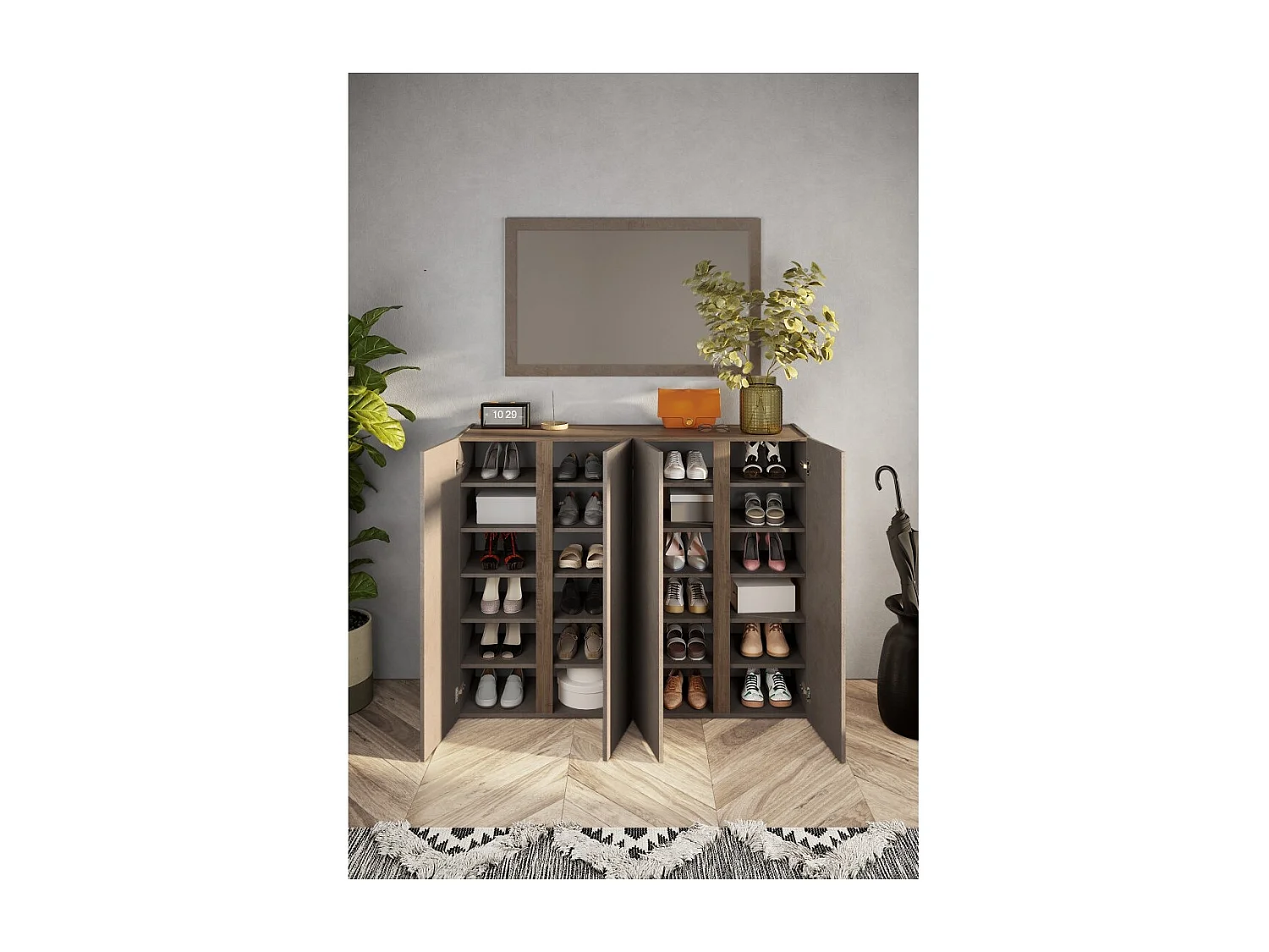 Meuble de rangement 4 portes 10 étagères réglables, collection KEY, coloris marron et chêne