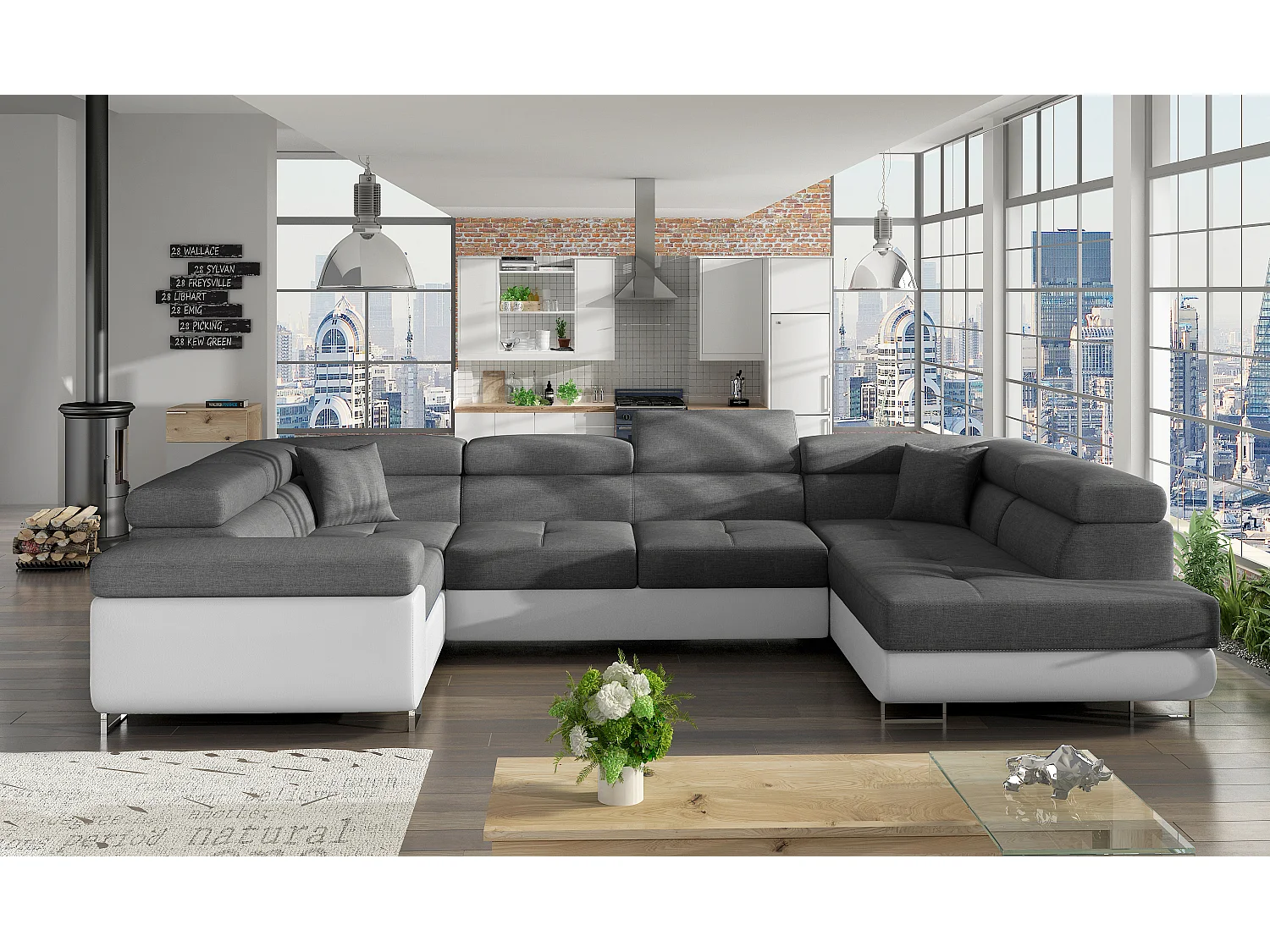 Canapé convertible U droit tissu gris foncé et simili blanc avec coffre de rangement Tovy 340cm