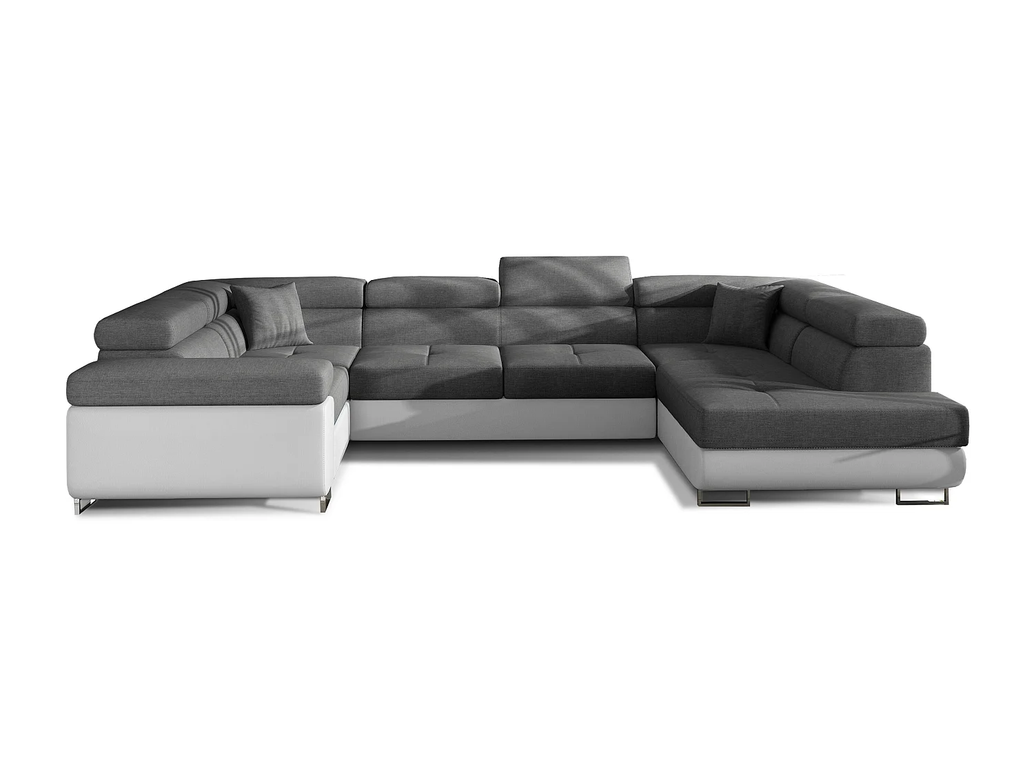 Canapé convertible U droit tissu gris foncé et simili blanc avec coffre de rangement Tovy 340cm