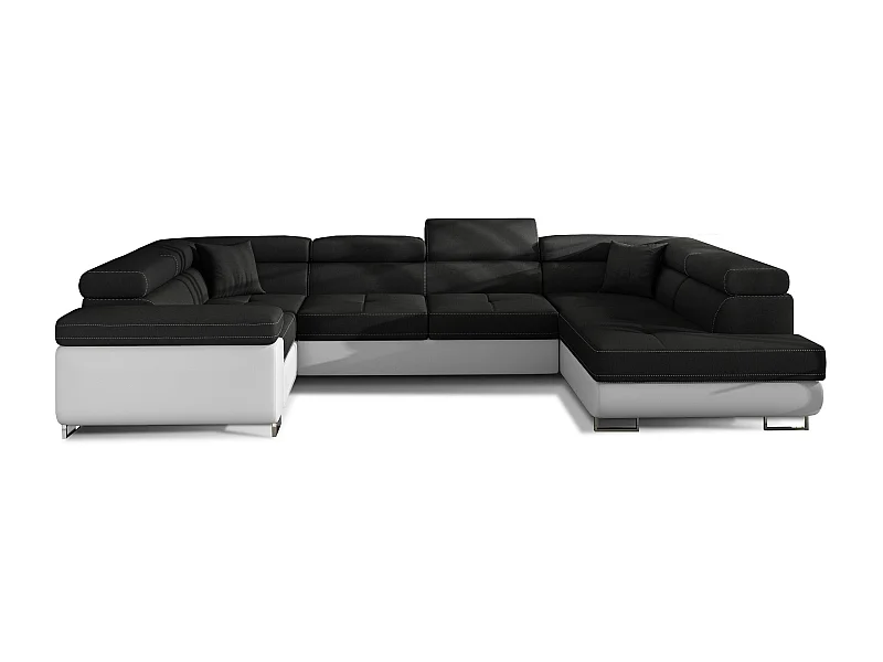 Canapé convertible U droit tissu noir et simili blanc avec coffre de rangement Tovy 340cm