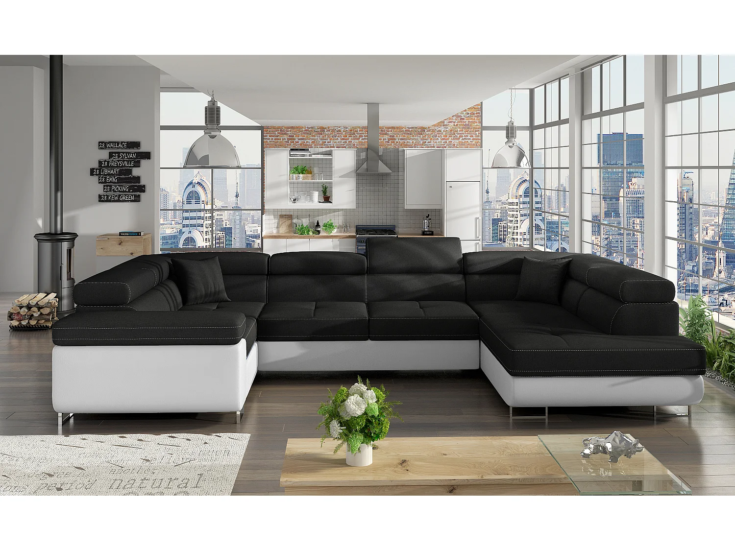 Canapé convertible U droit tissu noir et simili blanc avec coffre de rangement Tovy 340cm