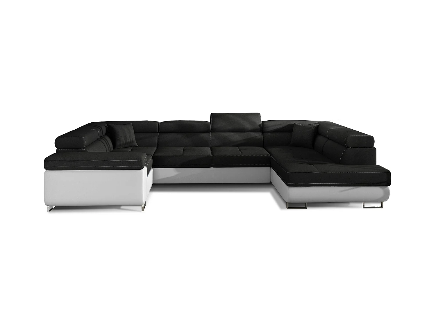 Canapé convertible U droit tissu noir et simili blanc avec coffre de rangement Tovy 340cm