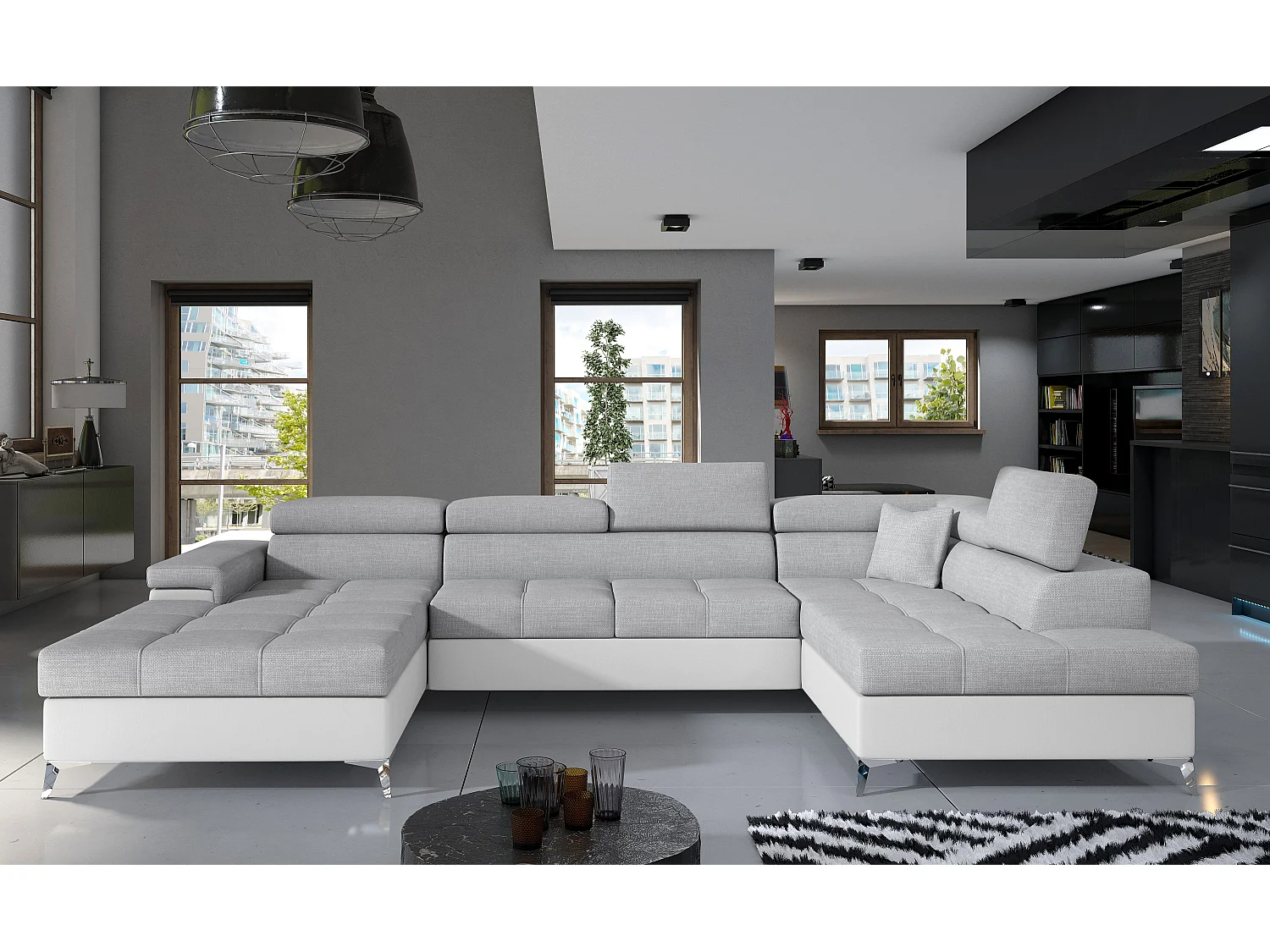 Canapé panoramique bi-matières tissu gris clair et simili cuir blanc coffre de rangement à droite Kutty 345cm