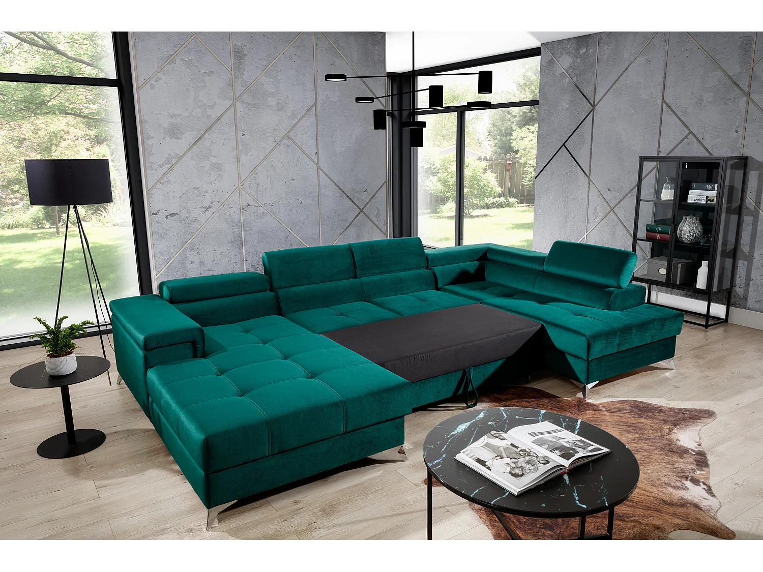 Canapé panoramique bi-matières tissu gris clair et simili cuir blanc coffre de rangement à droite Kutty 345cm