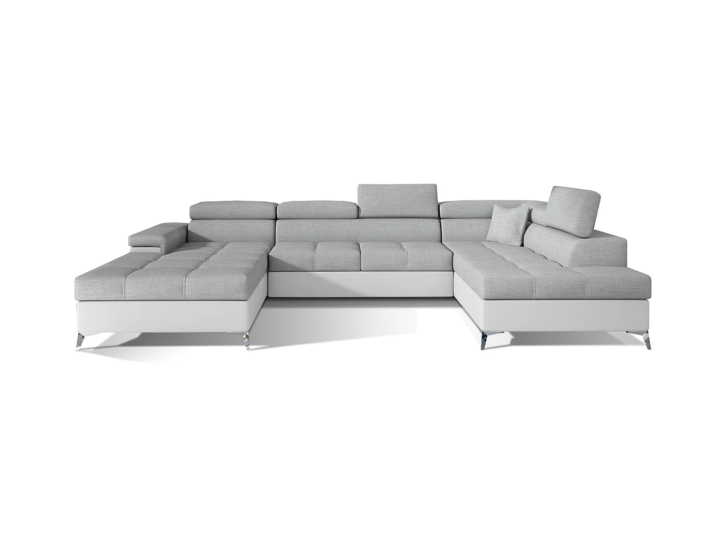 Canapé panoramique bi-matières tissu gris clair et simili cuir blanc coffre de rangement à droite Kutty 345cm