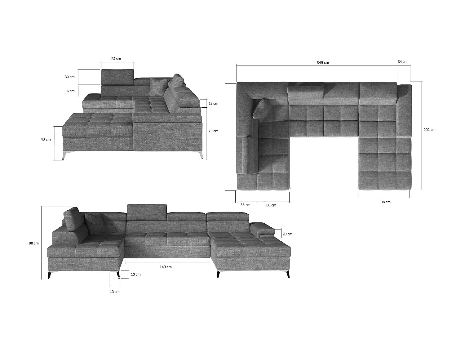 Canapé panoramique bi-matières tissu gris clair et simili cuir blanc coffre de rangement à droite Kutty 345cm