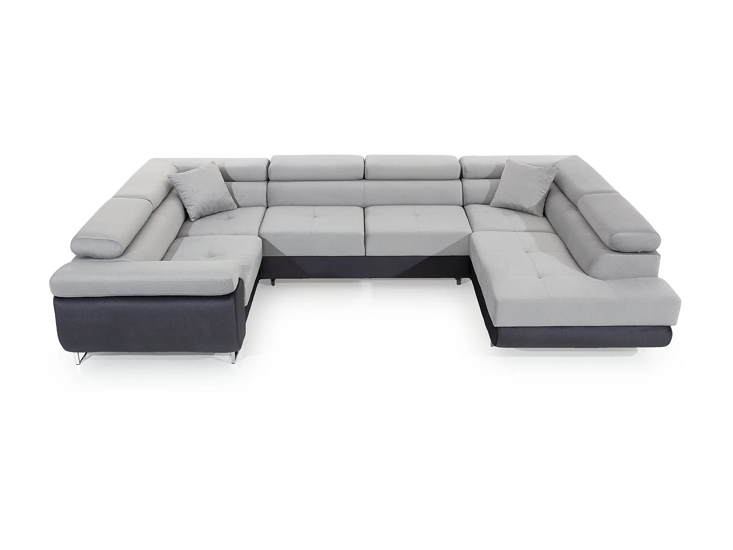 Canapé convertible U droit tissu beige chiné et simili marron avec coffre de rangement Tovy 340cm