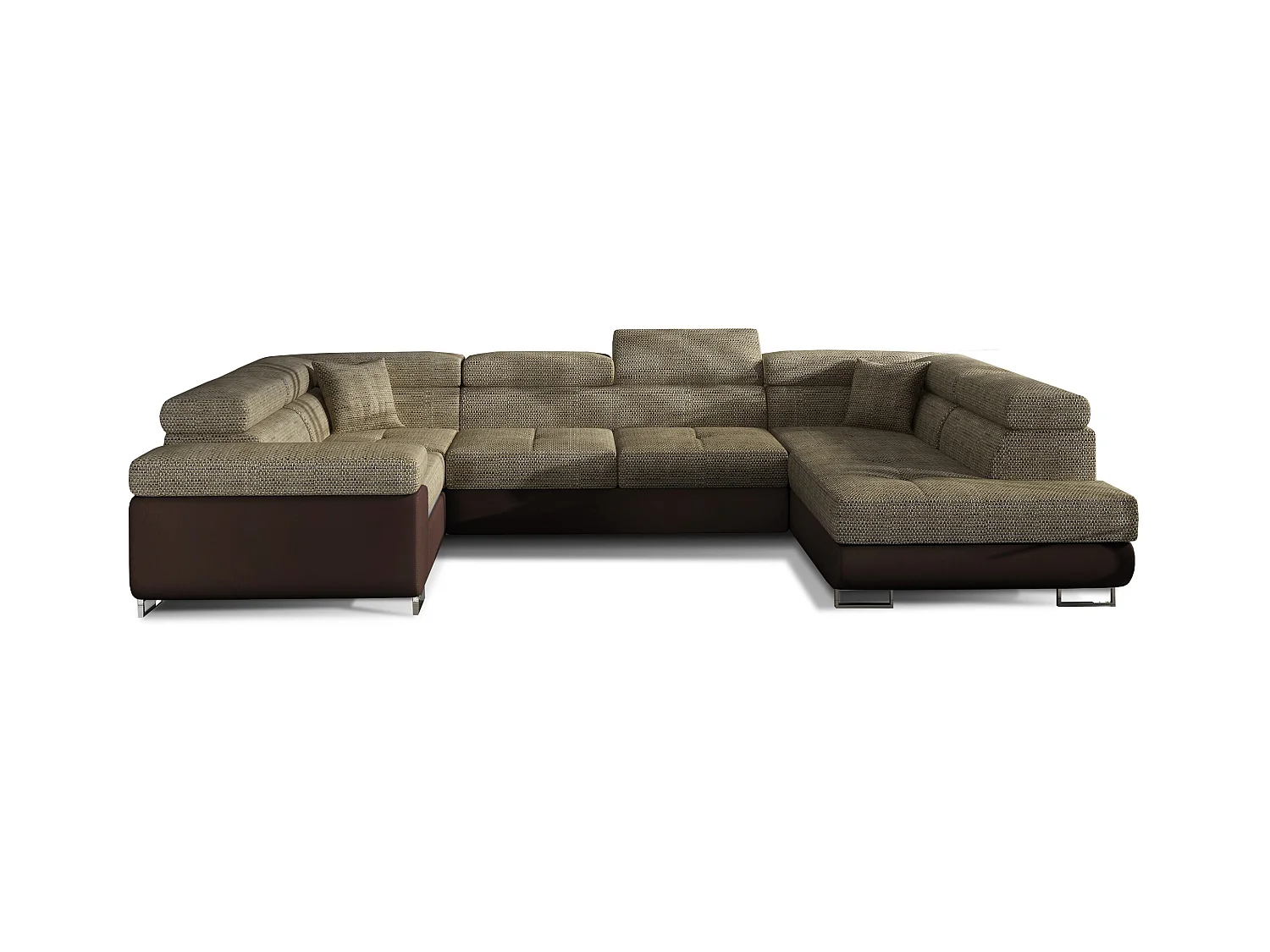 Canapé convertible U droit tissu beige chiné et simili marron avec coffre de rangement Tovy 340cm